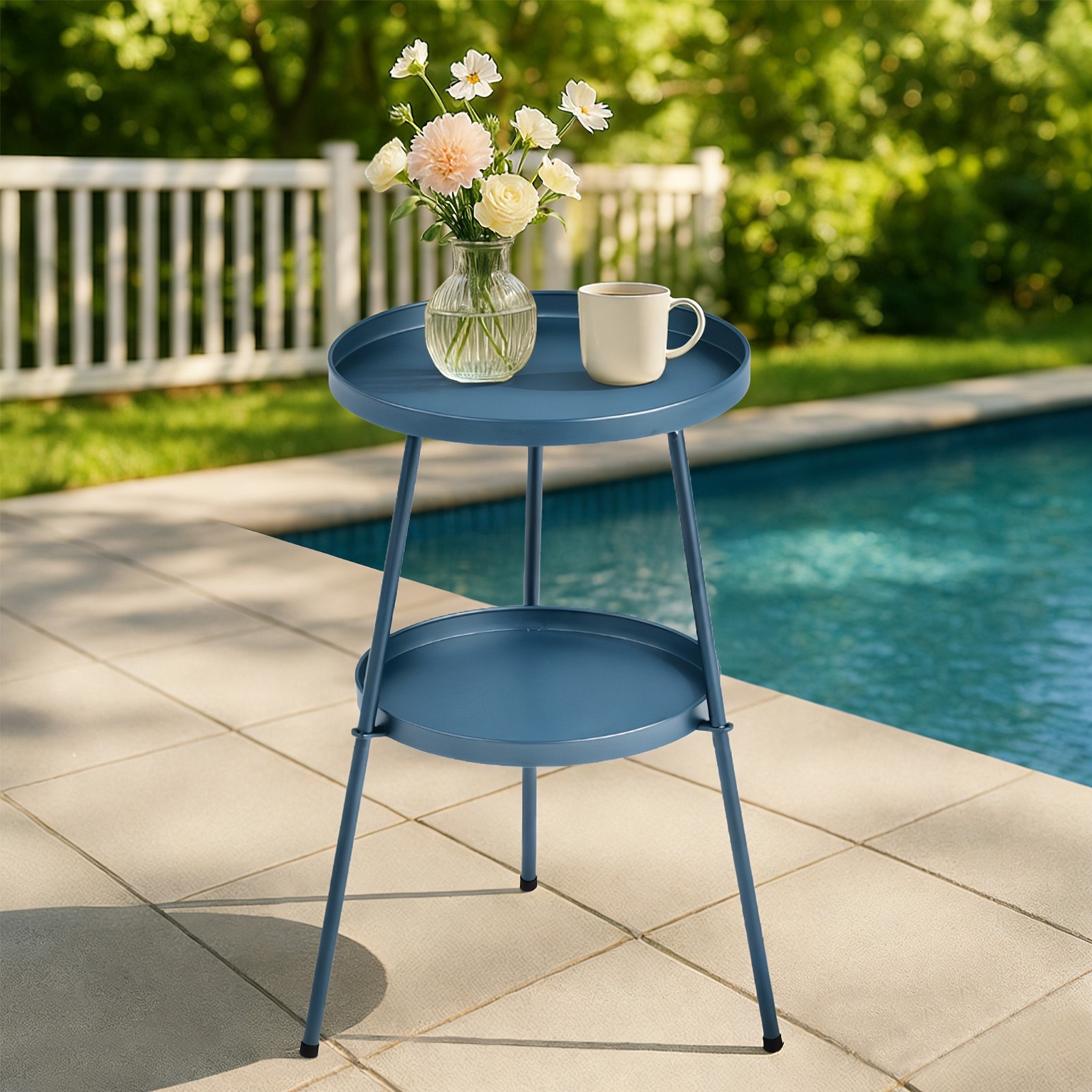 2 Tier Side End Table Metal Round Coffee Accent Table for Patio Gargen Navy Blue
