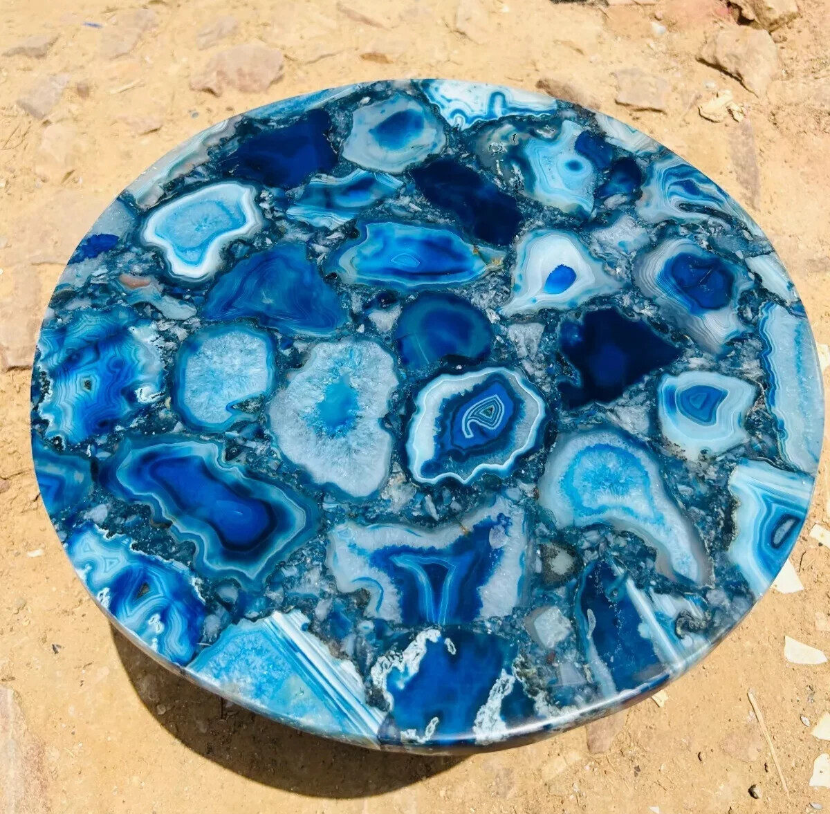 Handmade Round Blue Agate Coffee Table – Natural Stone Accent Furniture Gift Art