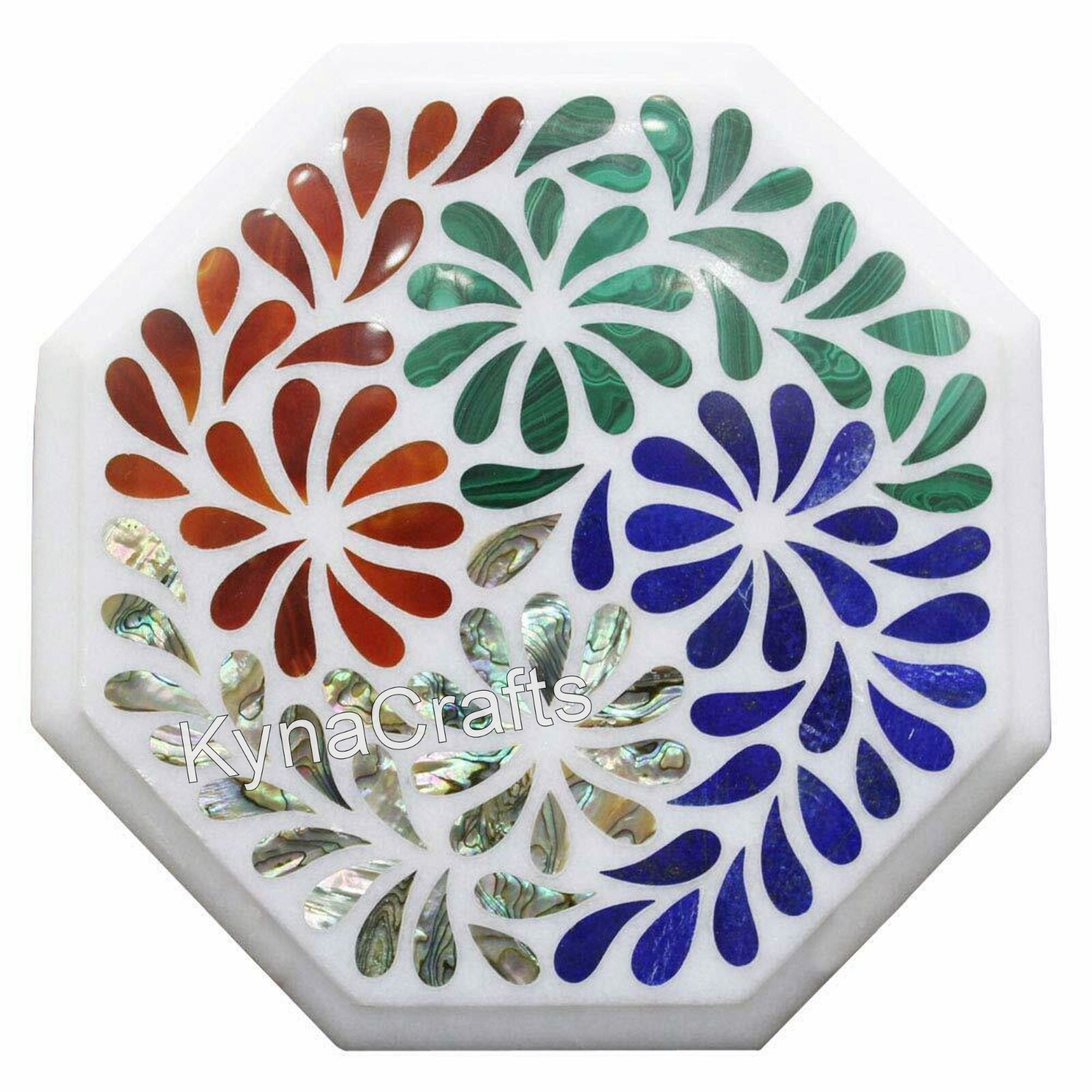 White Marble End Table Top Semi Precious Stone Inlay Work Coffee Table for Home