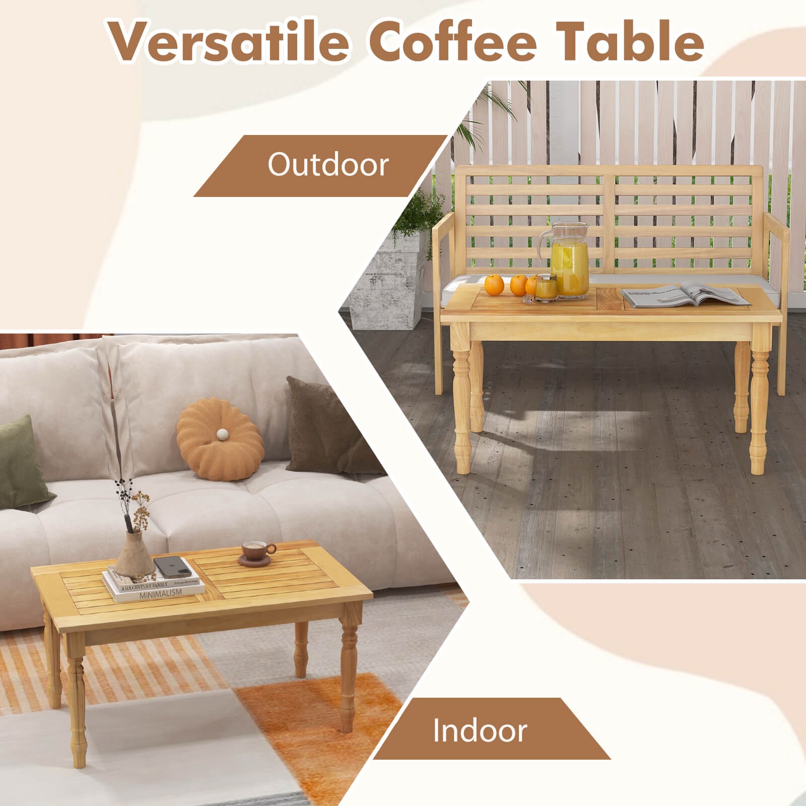 Patio Coffee Table w/ Solid Teak Wood Structure Slatted Tabletop for Backyard
