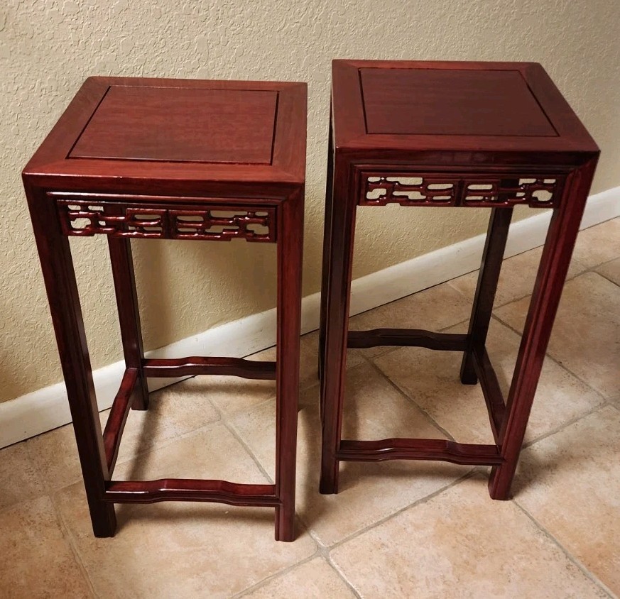 Pair Of Oriental Asian Side Tables Plant Stands Dark Cherry/Mahogany