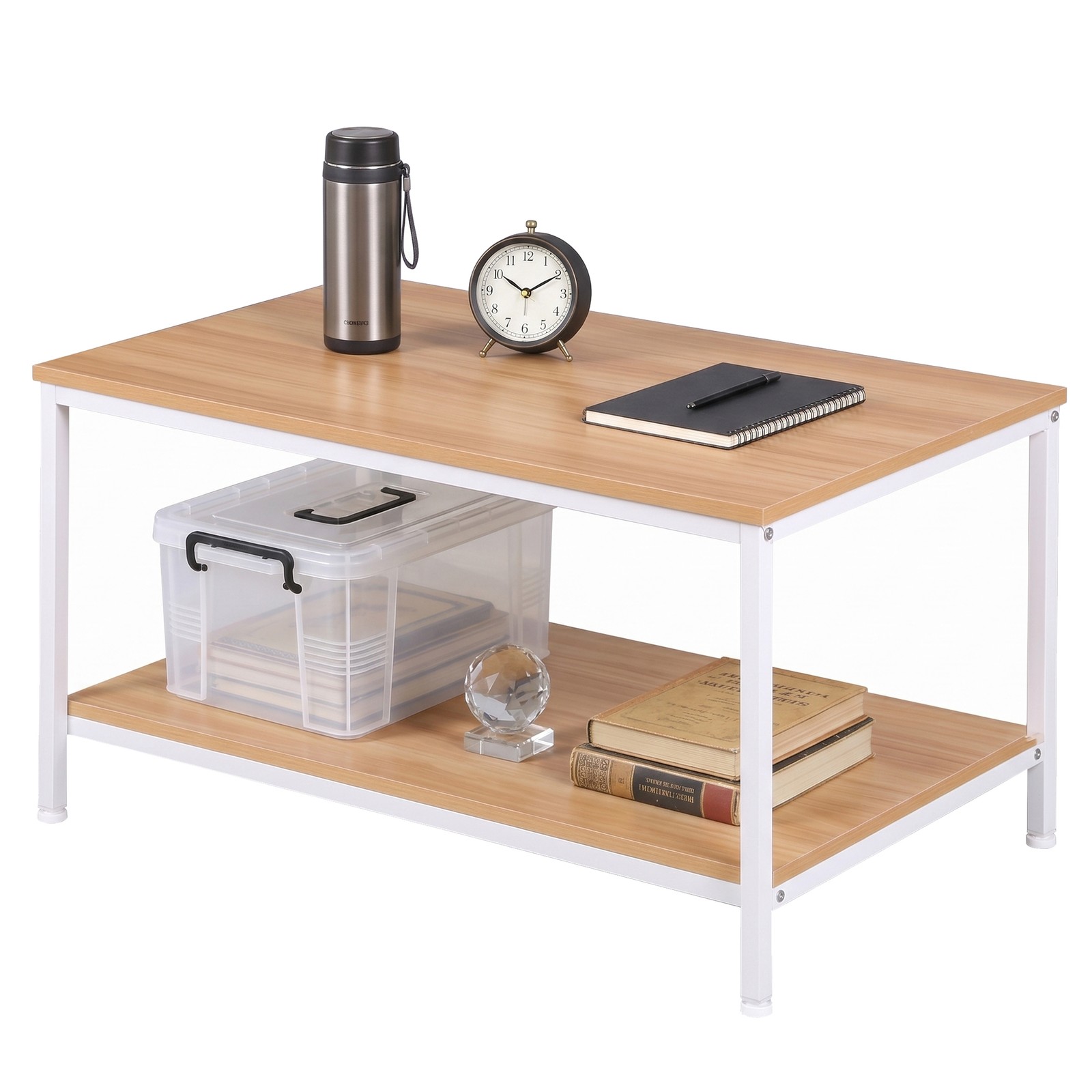 Natural Wood Tone 2-Tier Coffee Table Rectangular Wood Side End Table w/Storage