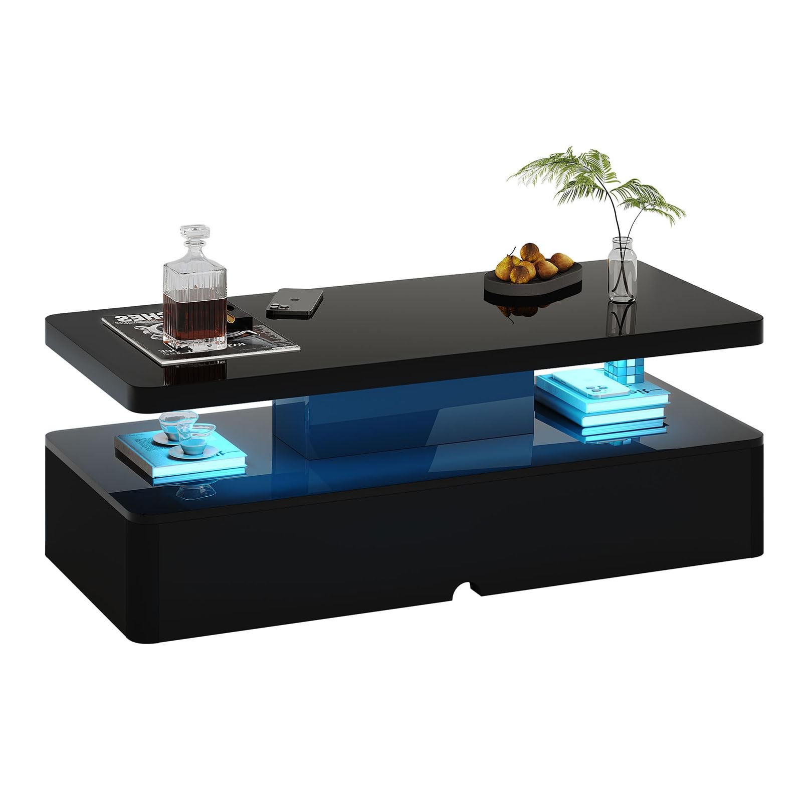 LED Coffee Table, 40 Inch Modern Center Table with Storage, High Glossy Black