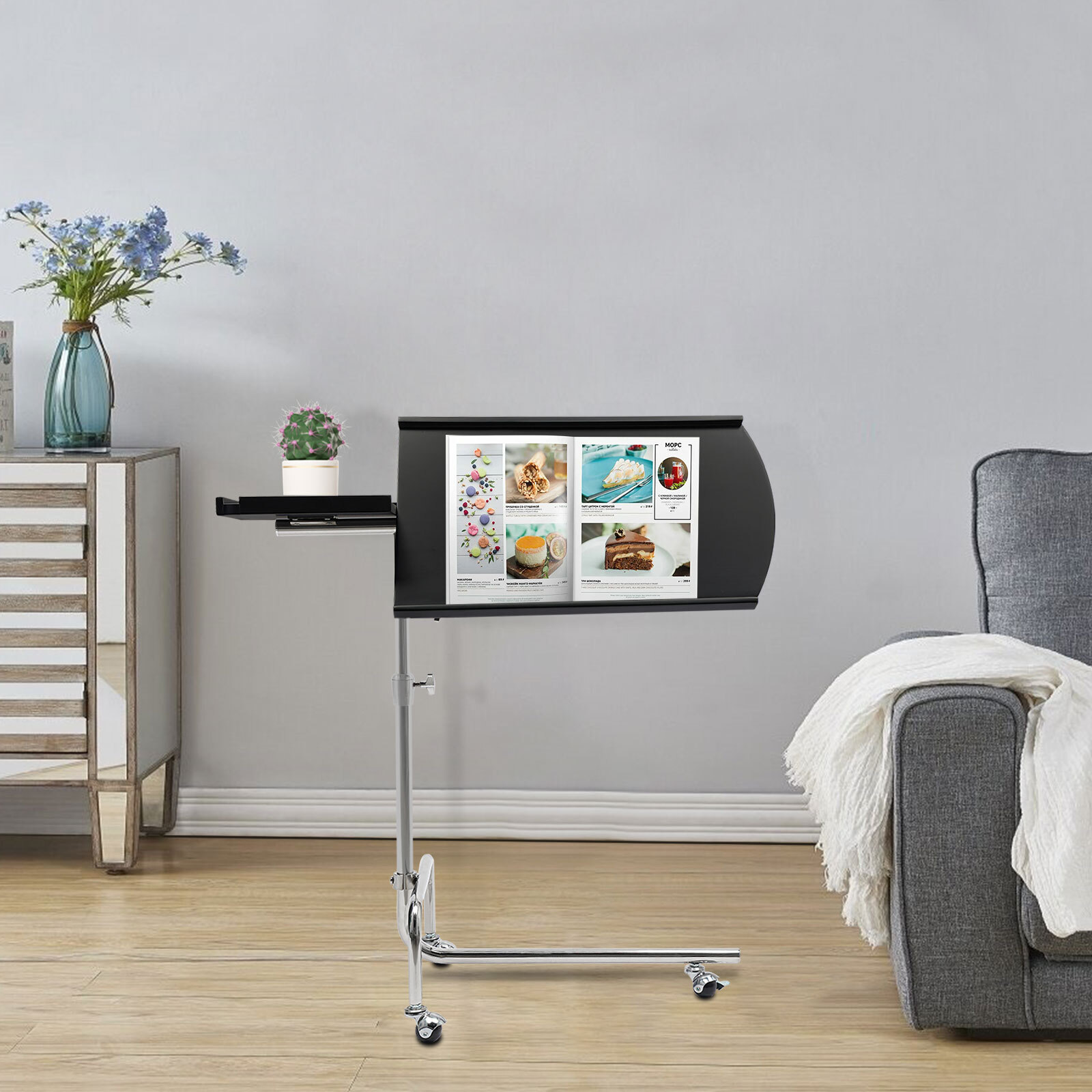 Modern Black Free-standing Adjustable Wood Swivel Tray Table w/ Ergonomic Stand