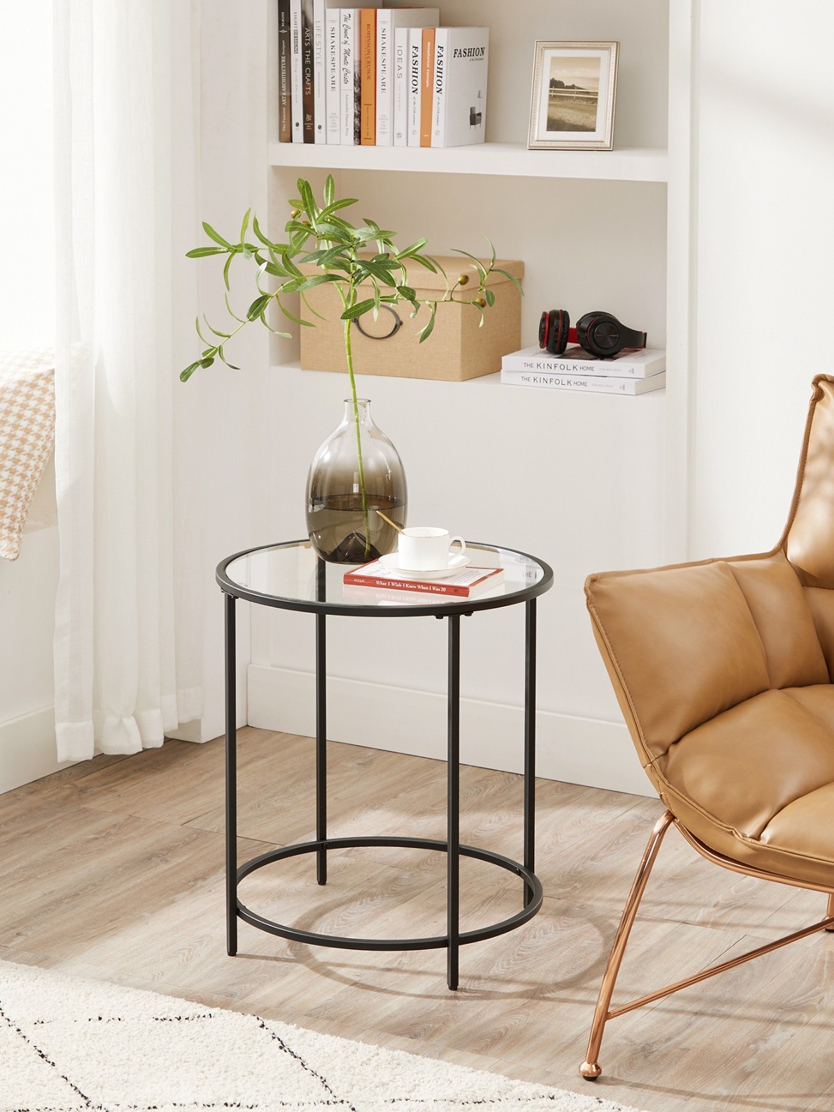 VASAGLE Round Glass Side Table Gold Metal Frame For Living Room Bedroom