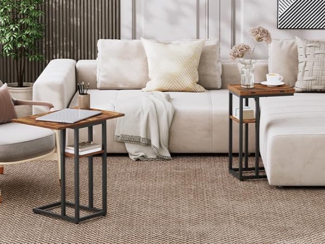 Foldable C Shaped End Table, C Shaped Side Table with Storage Shelf, Small Sn…