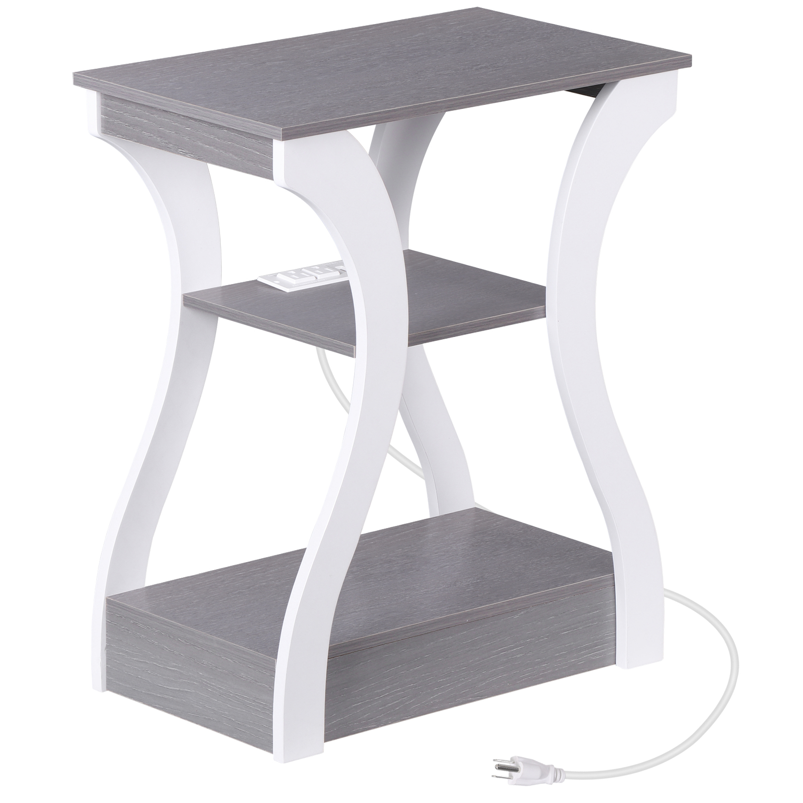End Table Side Table 3-Tier Storage Shelf for Small Space with Outlet Grey+White