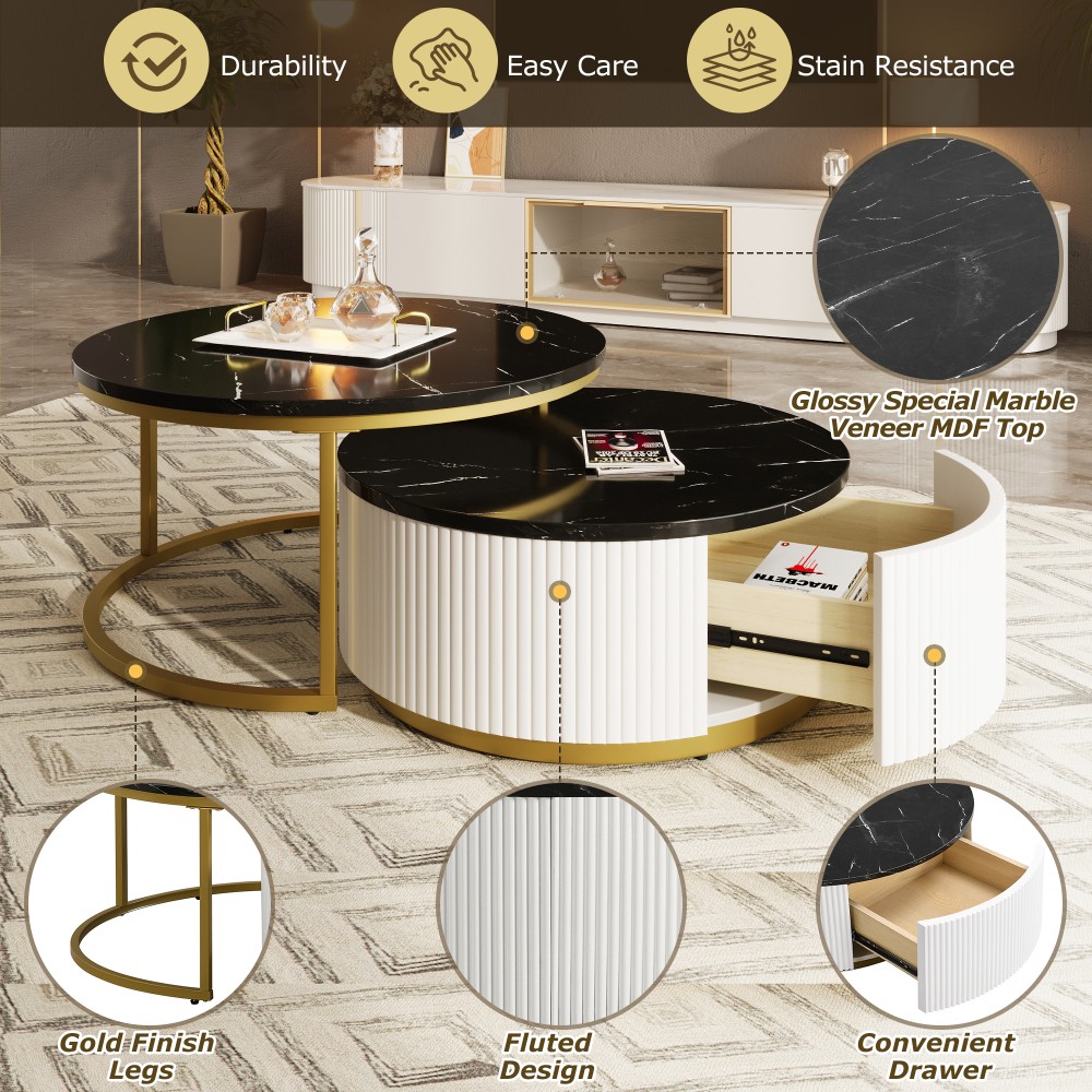 Round Nesting Coffee Table with Grooved Drawers