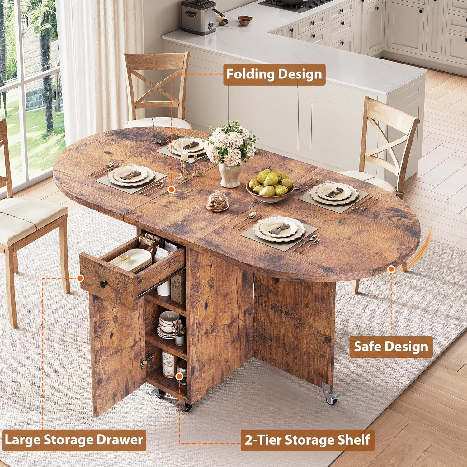 Folding Dining Table for 4 Kitchen Dining Room Dinnertable with Storage Drawer S