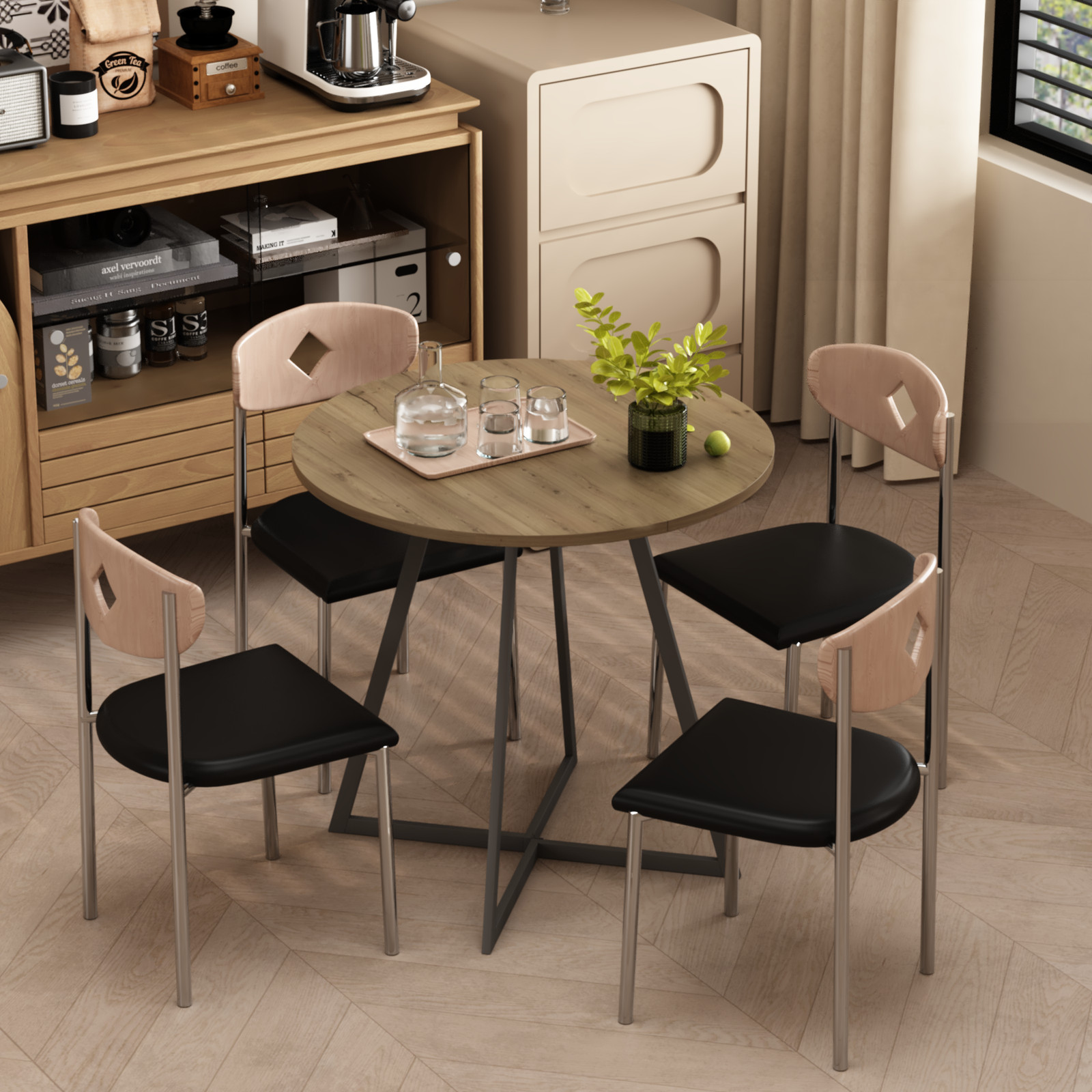 31.5 Inch Round Dining Table Brown MDF Top Black Metal Legs