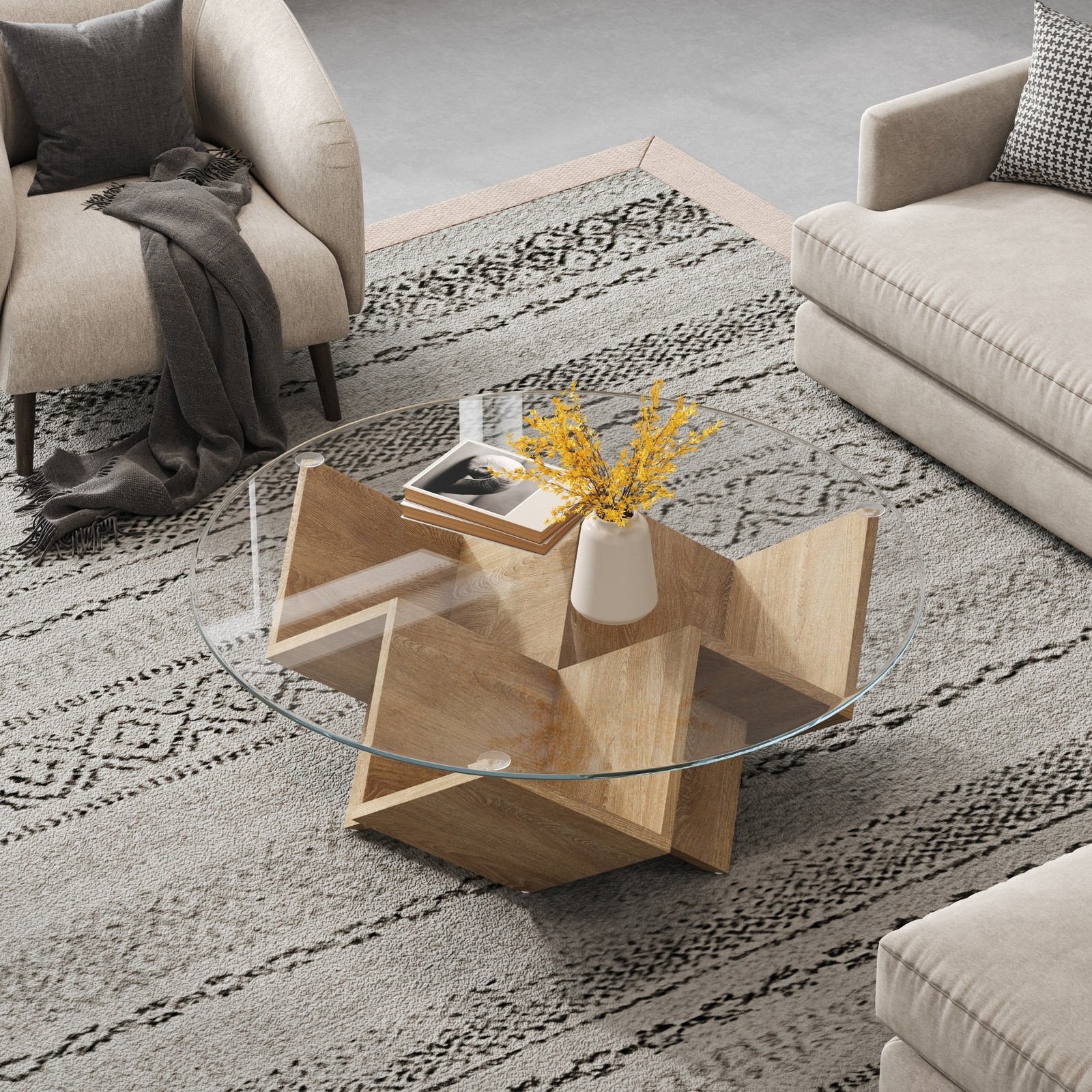 Modern Round Coffee Table with Tempered Glass Top and Geometric Art Deco Storage