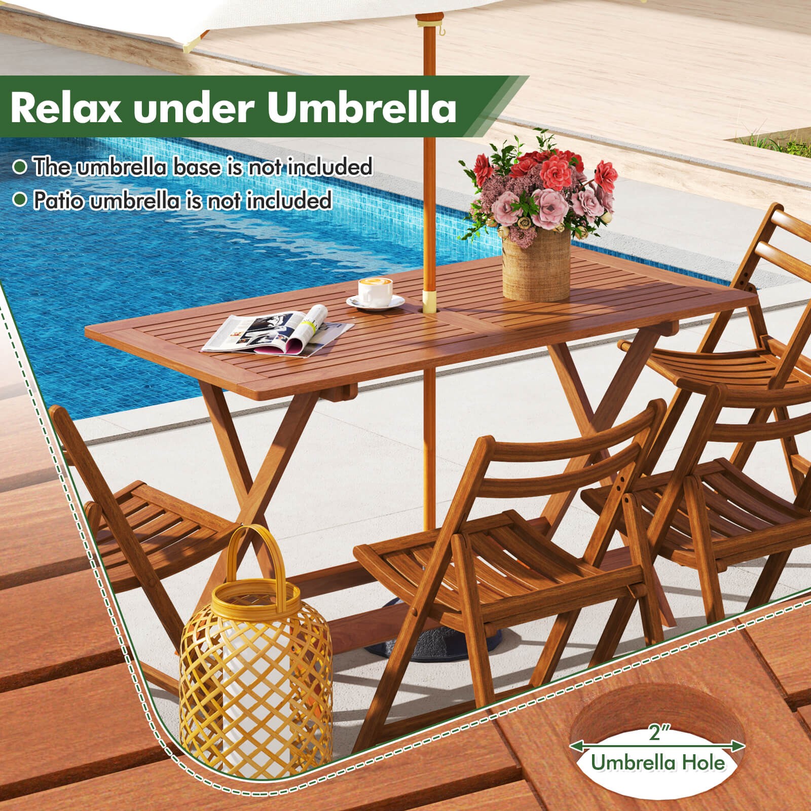 54.5″ x 27.5″ Patio Dining Table w/ Teak Painting 2″ Umbrella Hole for Balcony