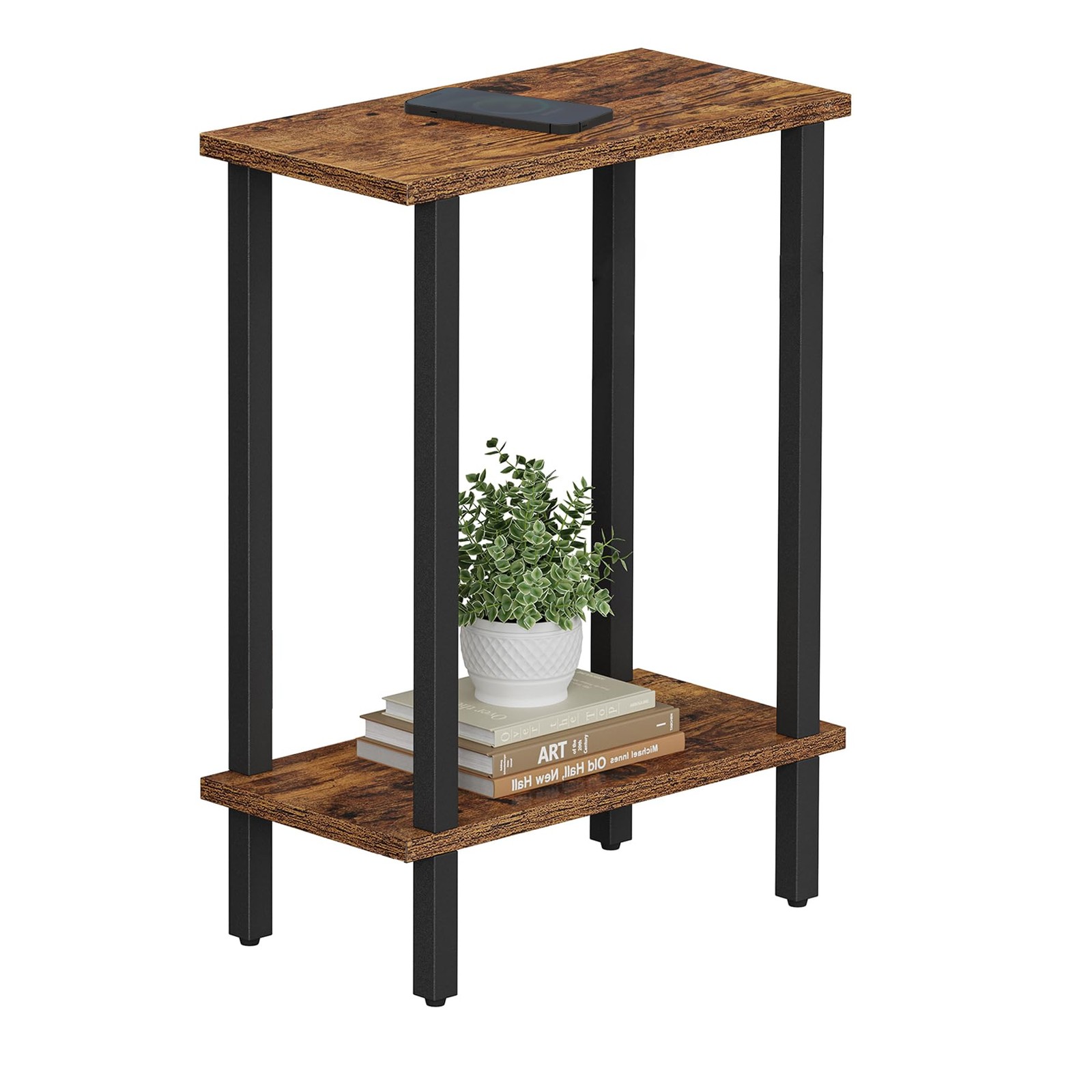 TUTOTAK Small Side Table, Narrow End 2-Tier（7.9″D x 15.8″W x 22.5″H）, Brown