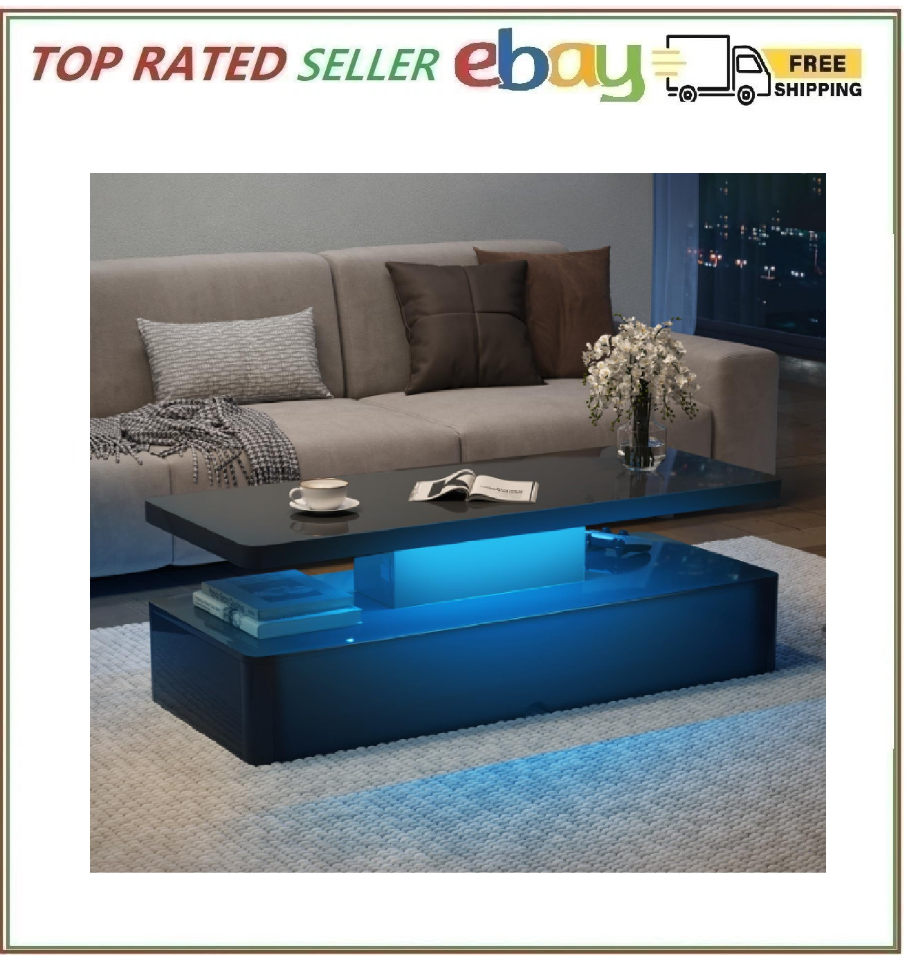 LED Coffee Table, 40 Inch Modern Center Table with Storage, High Glossy Black
