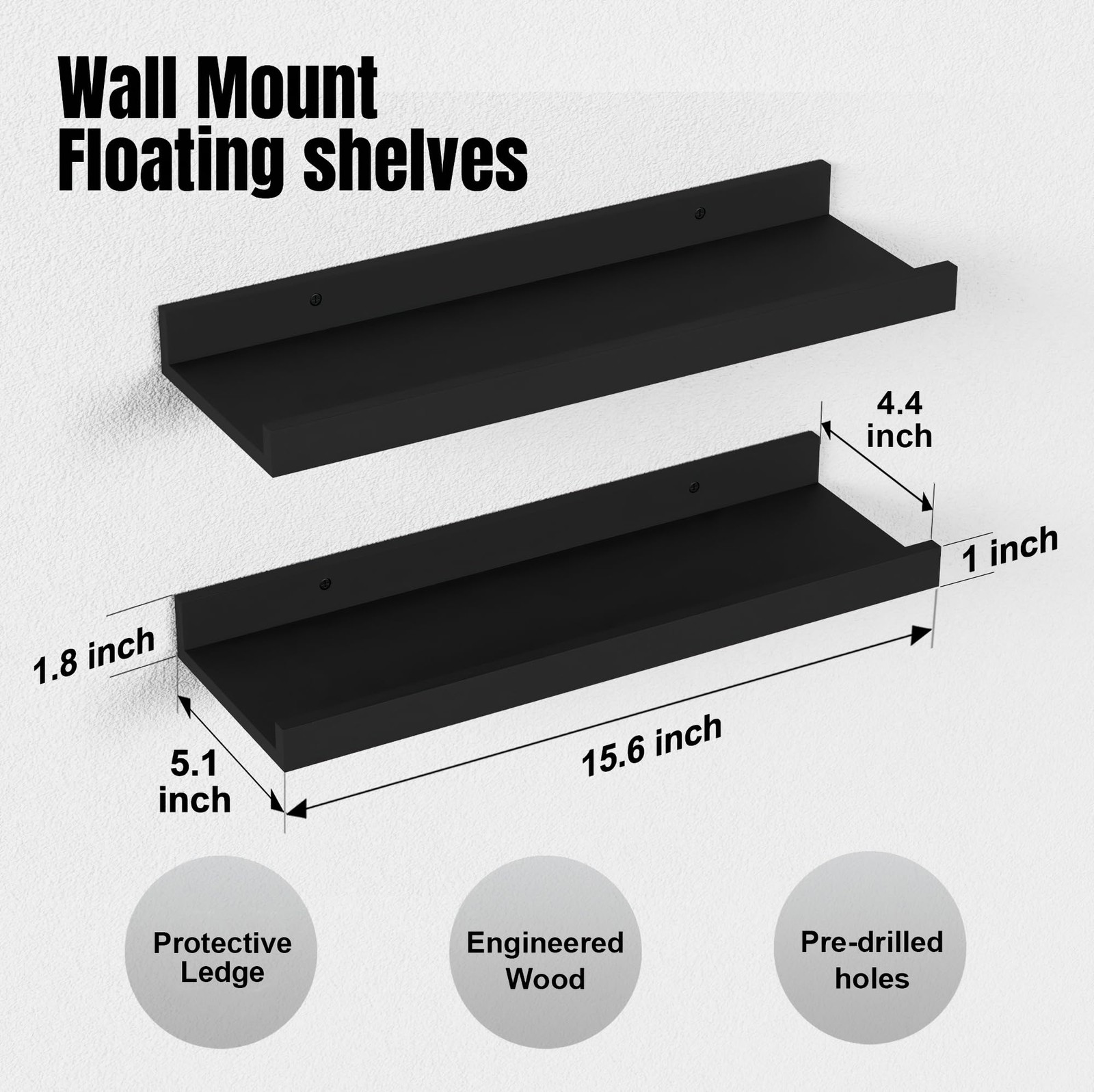 Boswillon Floating Shelves Wall Mounted Set of 2, Modern Black 15.7 in,