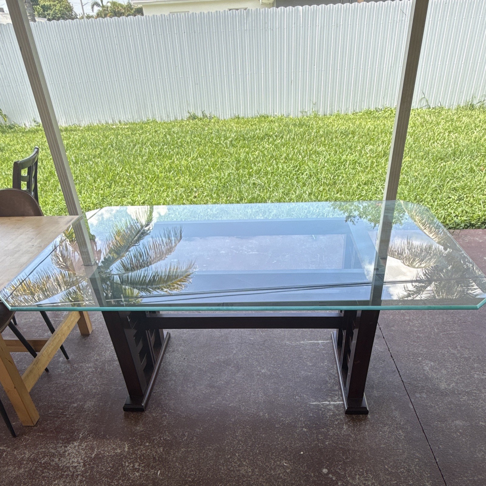 Rectangular Glass Top Dining Table, Medium Brown Wood Base 62x36x29 in
