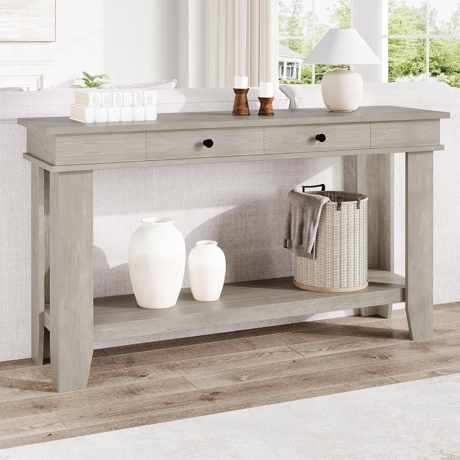 54″ Wooden Console Table, Entryway Table with Drawers & Open Storage Shelf