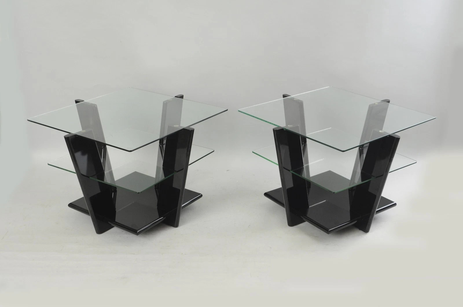 Contemporary Modern Black Lacquer & Glass 3 Tier Space Age End Tables – a Pair