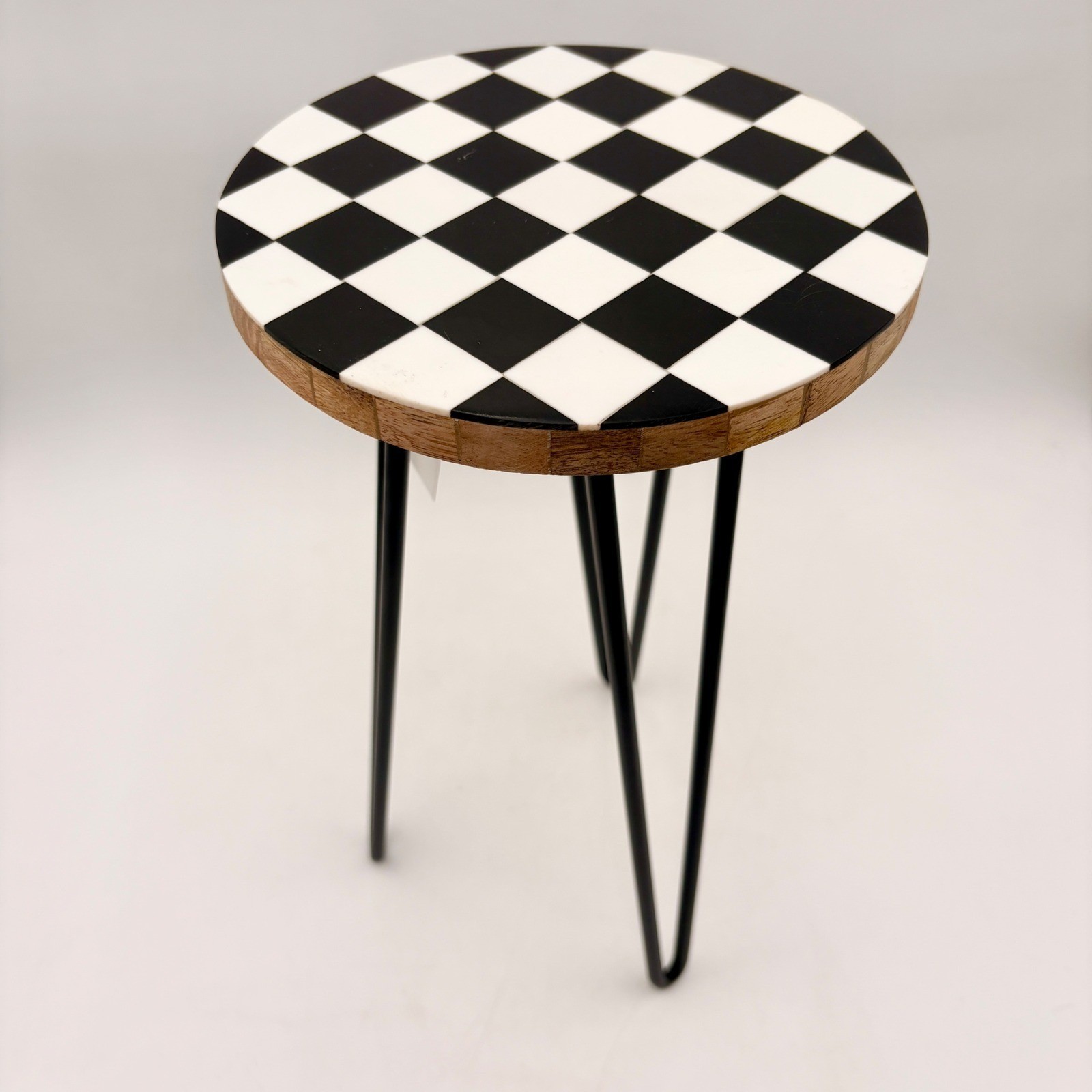 Handcrafted Checkered Bone Inlay Plant Stand Metal Hairpin Legs Courtly Check