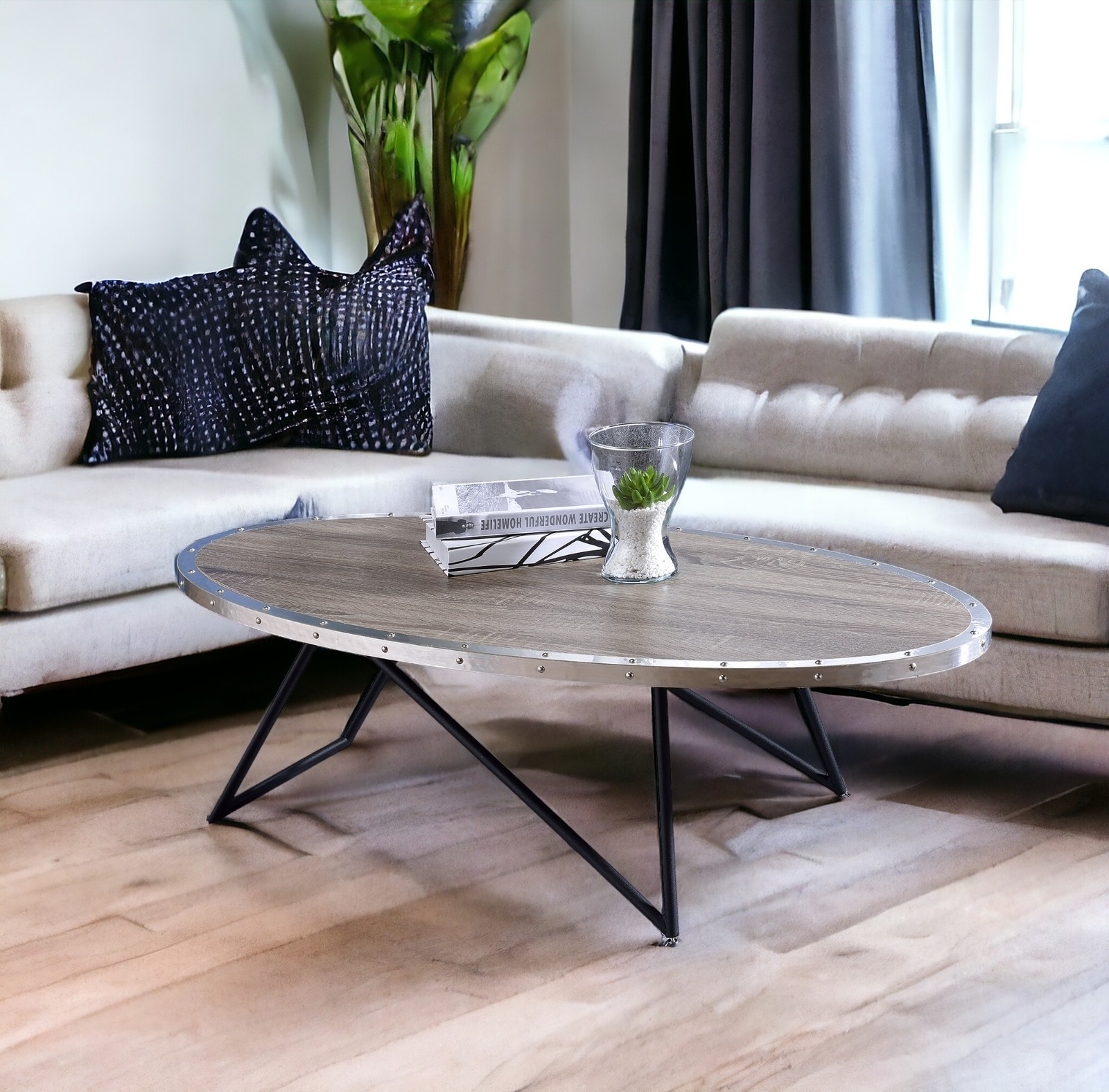Weathered Gray Oak & Metal Oval Coffee Table 46″L x 23″W