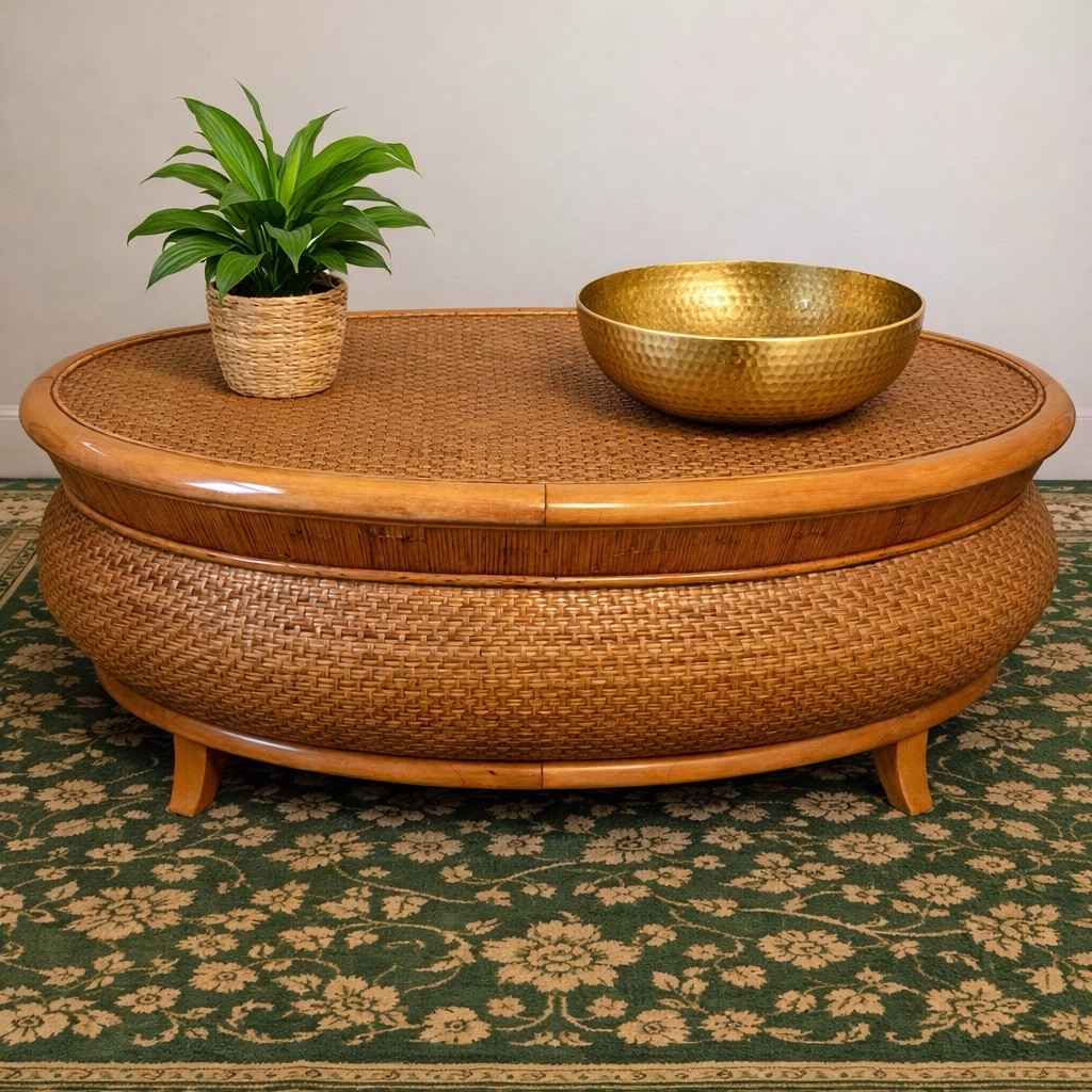Retro 1970s Rattan & Bamboo Large Oblong Coffee Table VTG Handwoven Philippines