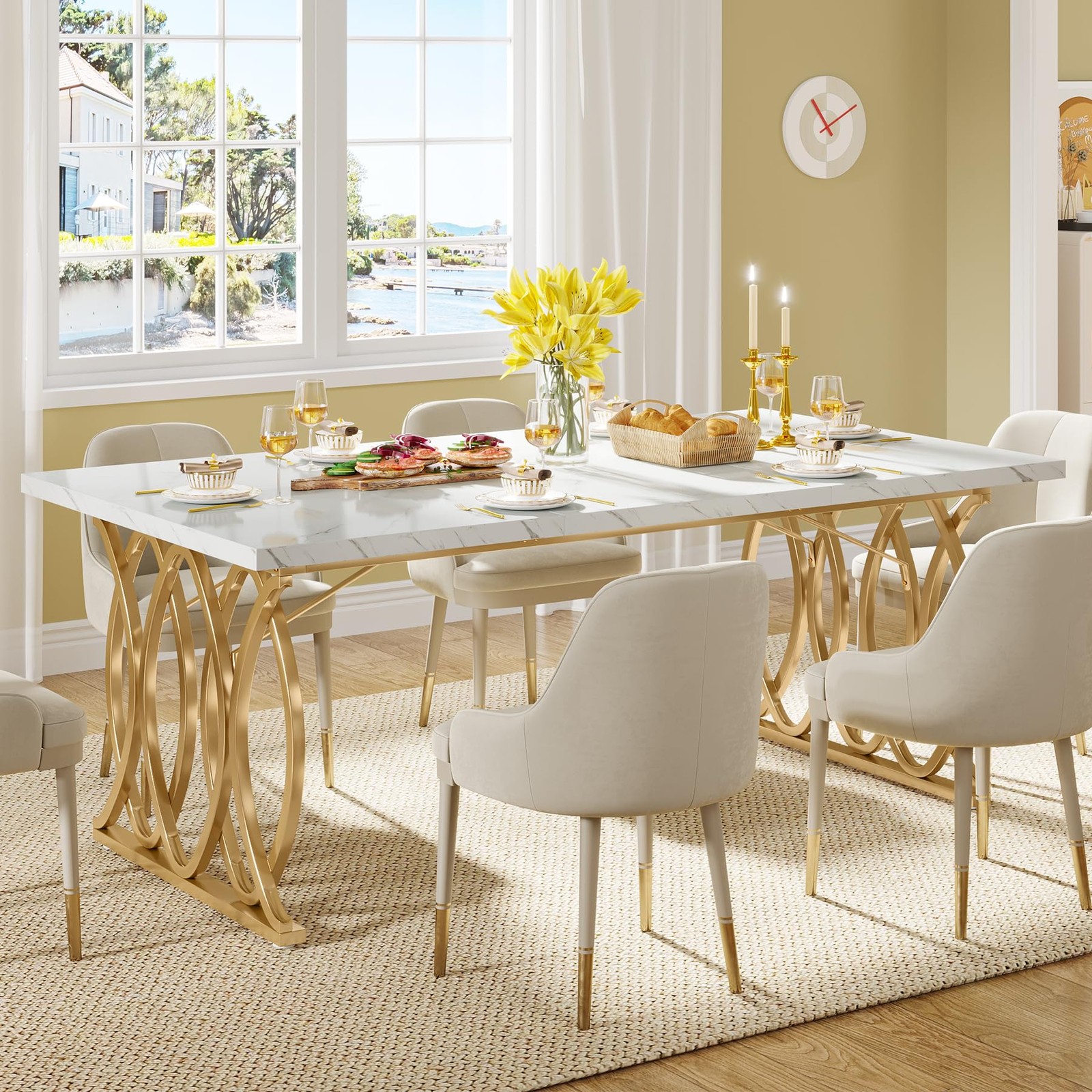 Modern Dining Table, 63″ Large Kitchen Table for 4-6 People, Unique Rectangul…