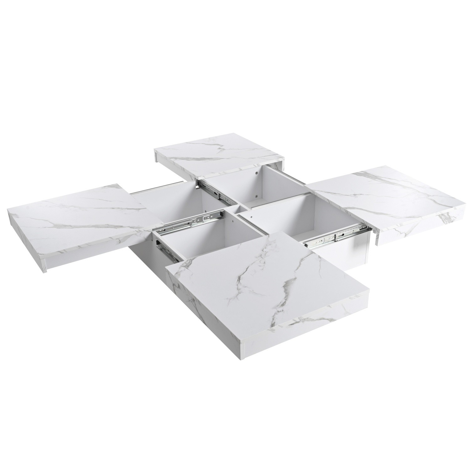 Modern Square Cocktail Coffee Table w/ White Marble Sliding Top & Hidden Storage