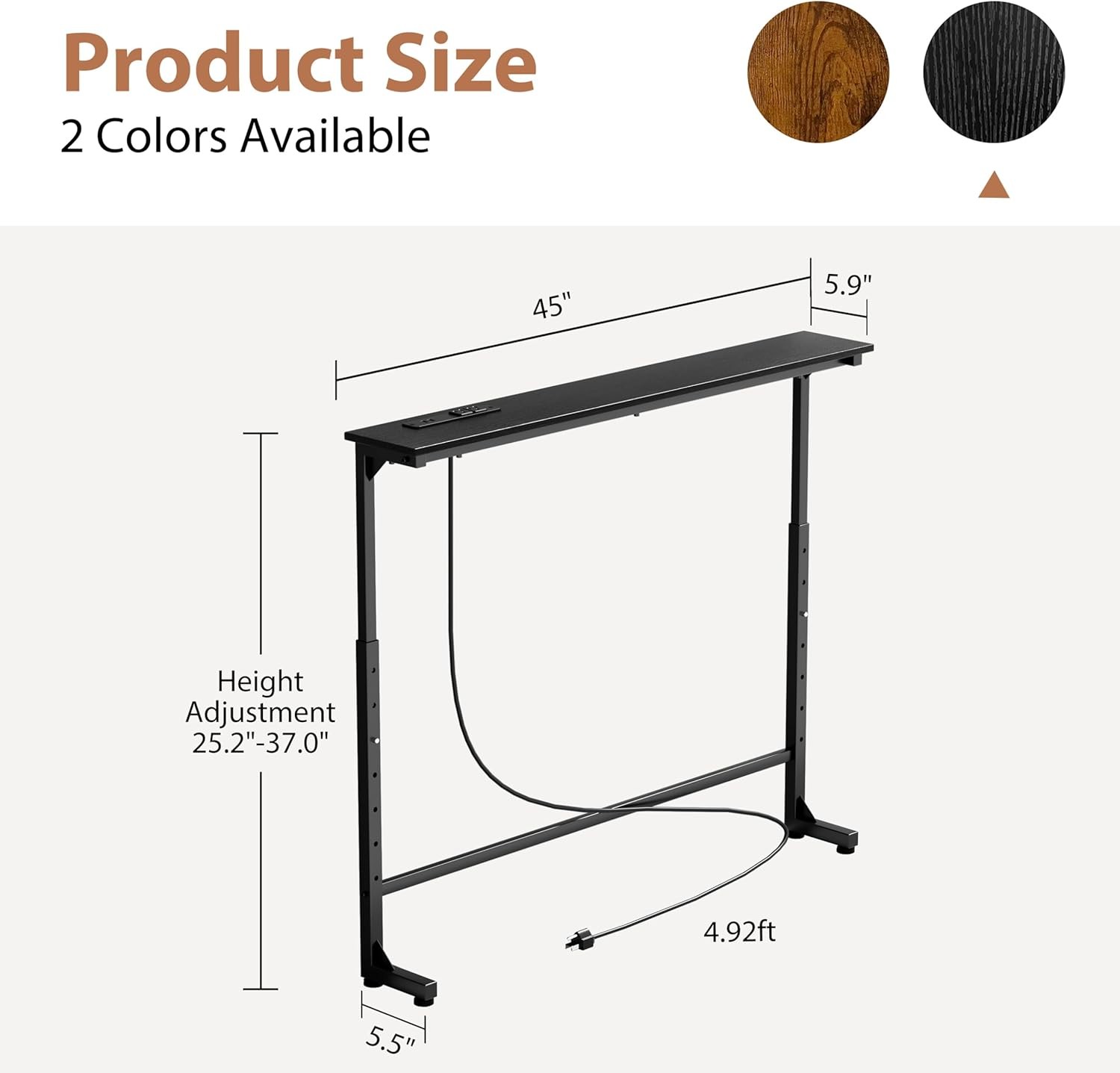 45″ Adjustable Height Narrow Console Table W/ Power Outlets Long Sofa Table