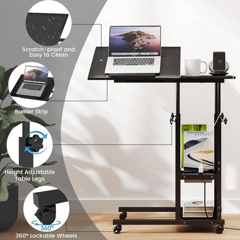 Height Adjustable C Shaped Table W/ Tilt Top & Charging Station Wheels New