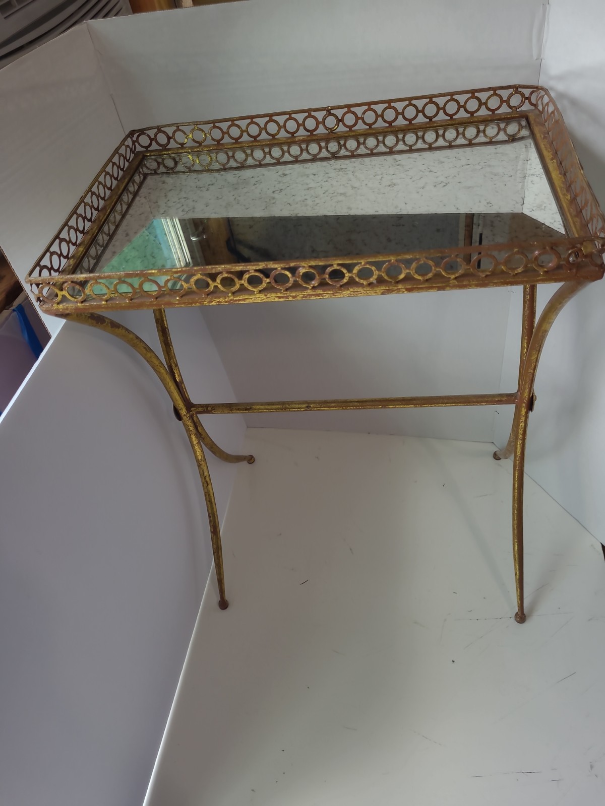 VTG MCM Side Table Gold Metal Wire Base Hollywood Regency Smoked Glass Repair