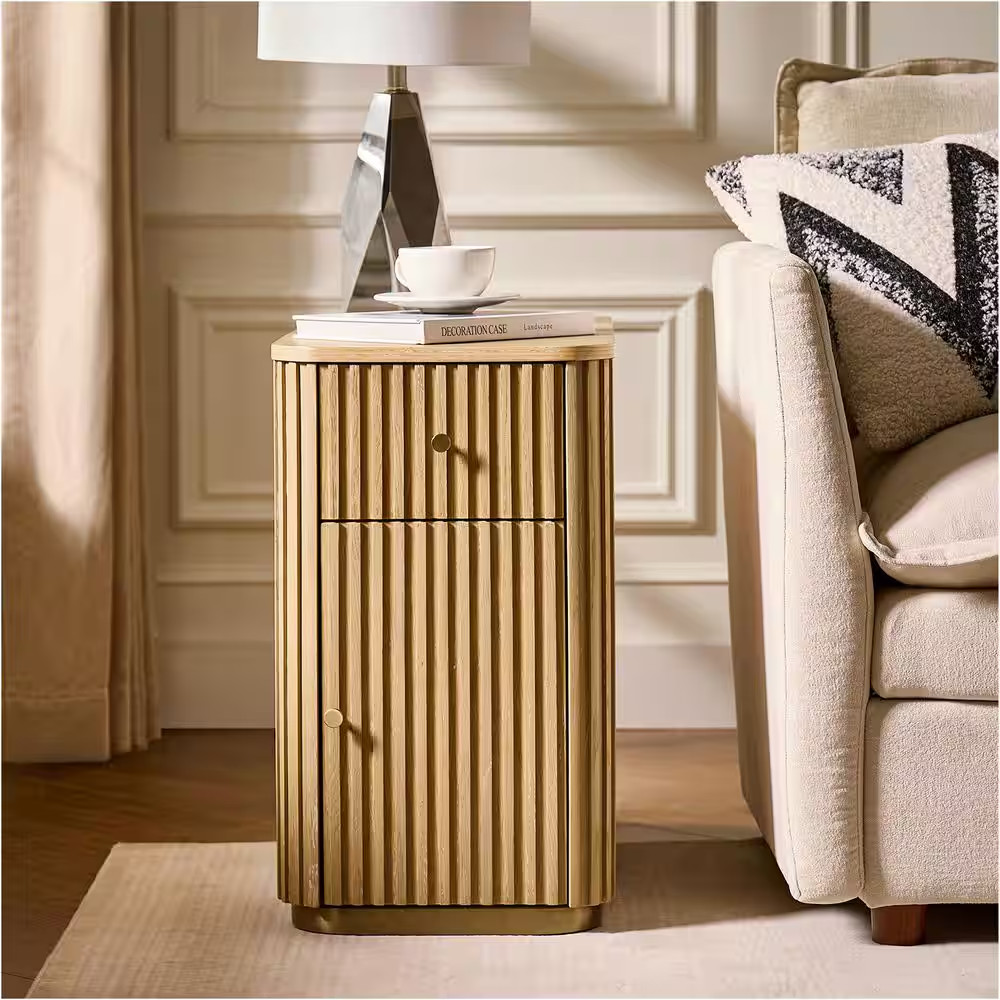Ines 30 In. Natural Rectangle Wood End Table with Built-In Charging Station