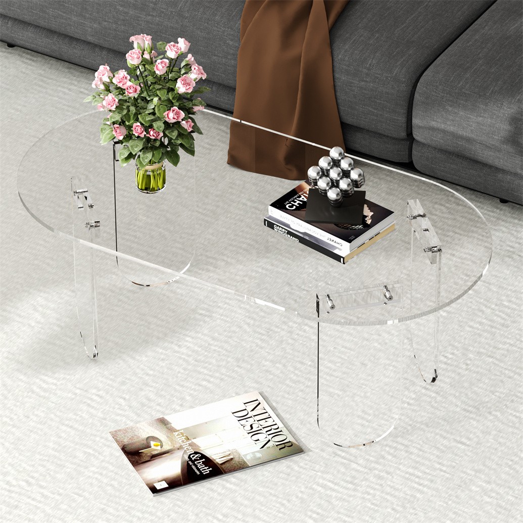 Long Oval Acrylic Coffee Table Transparent Living Room Sofa Table w/ PVC Cover