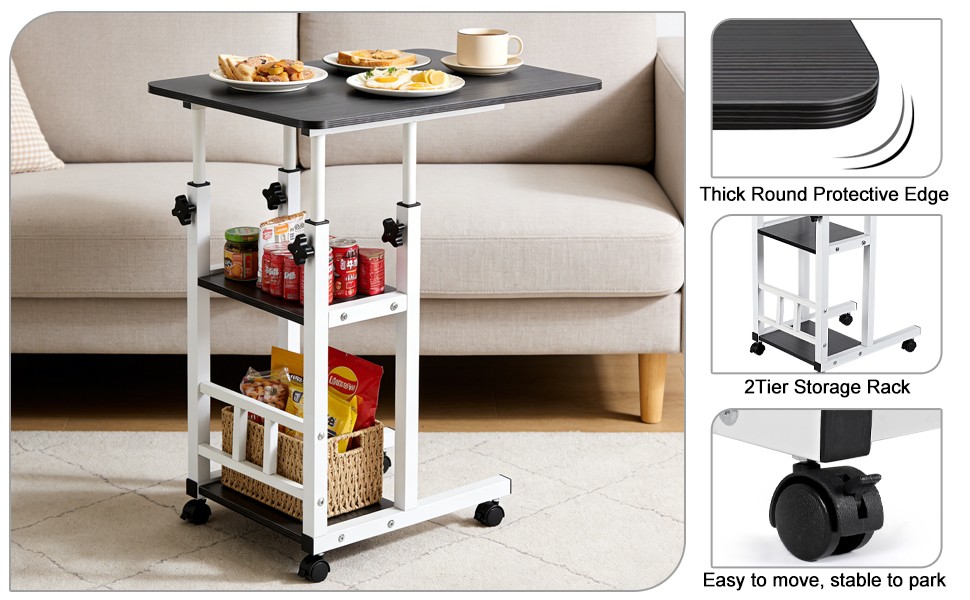 Height Adjustable C Table on Wheels with Storage Shelves Sofa End Table
