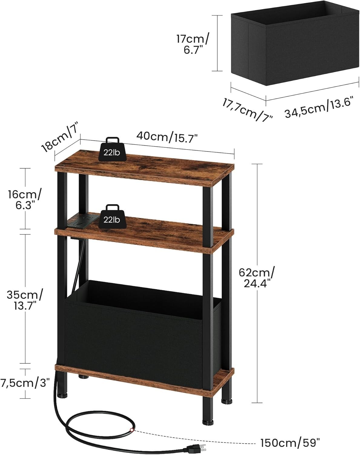 CHOEZON Small Narrow Side Table with Charging Station, Skinny End Table with …