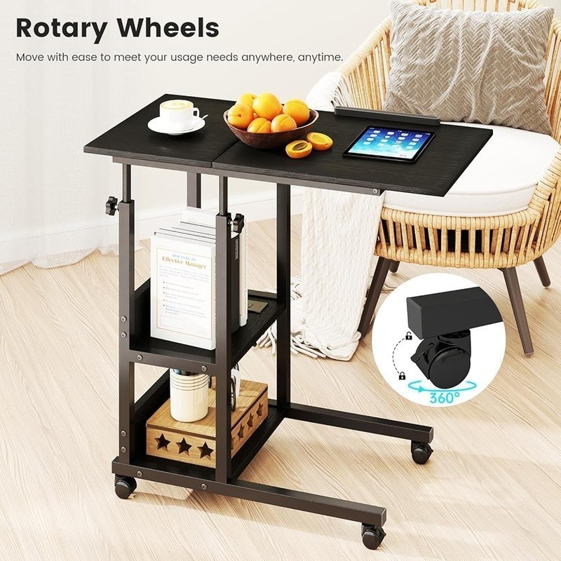Height Adjustable C Shaped Table W/ Tilt Top & Charging Station Wheels New