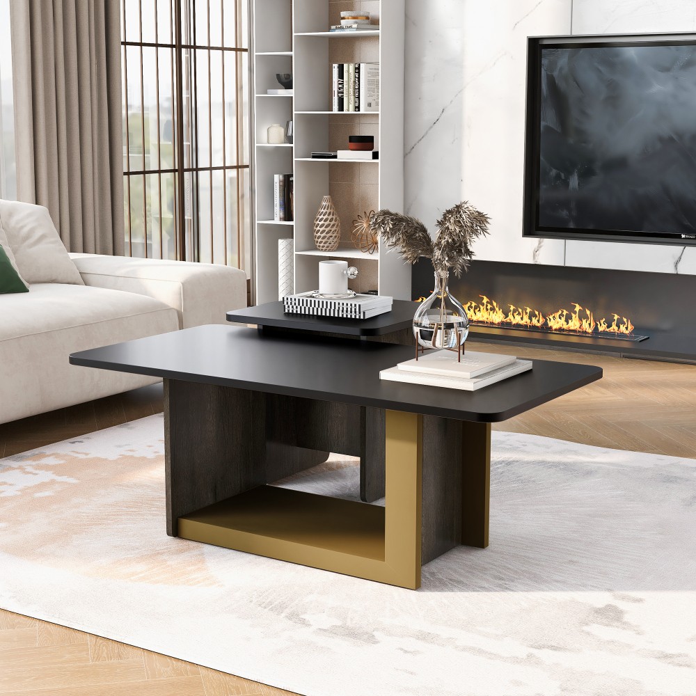 Modern Square Coffee & End Table Set of 2, Black, for Living Room, MDF & Metal