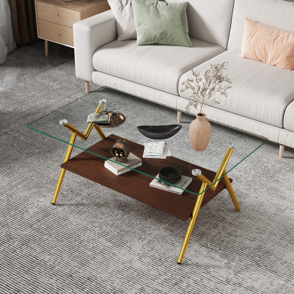Rectangle Coffee Table, Tempered Glass Top, Gold Metal Legs, Modern Clear