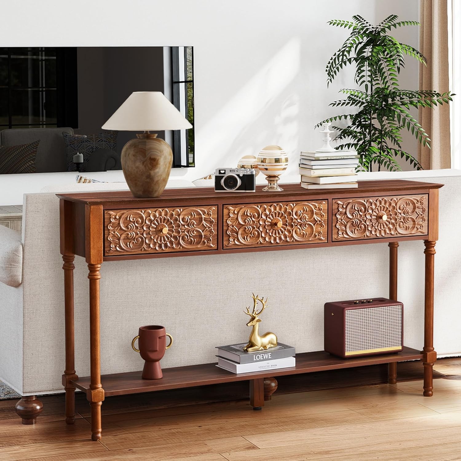 55.5″ Carved Console Table with 3 Drawers, 2-Tier Sofa Table with Glossy Floral