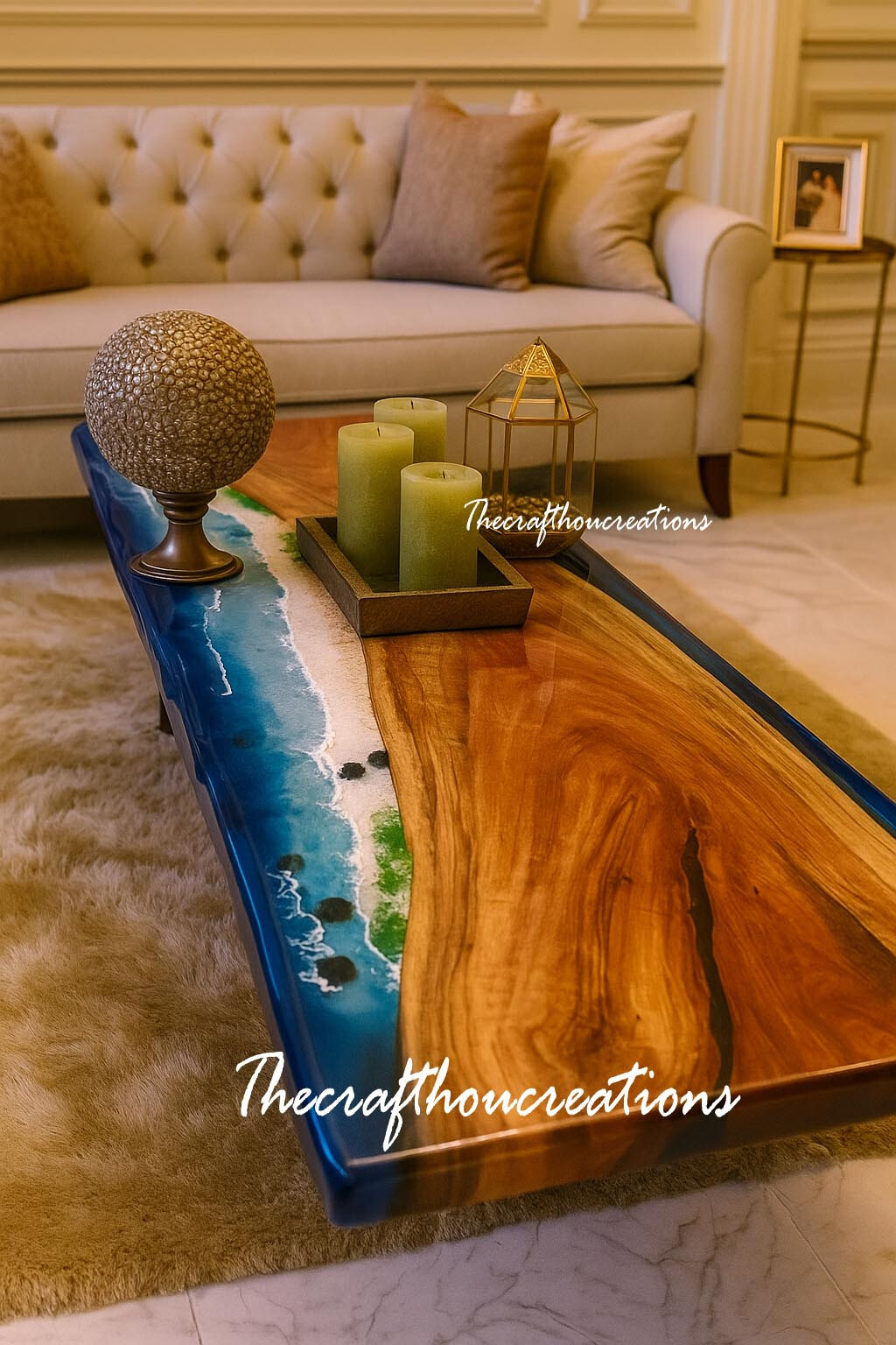 “Blue Ocean River Epoxy Resin Dining Table – Live Edge Beach Luxury Furniture”
