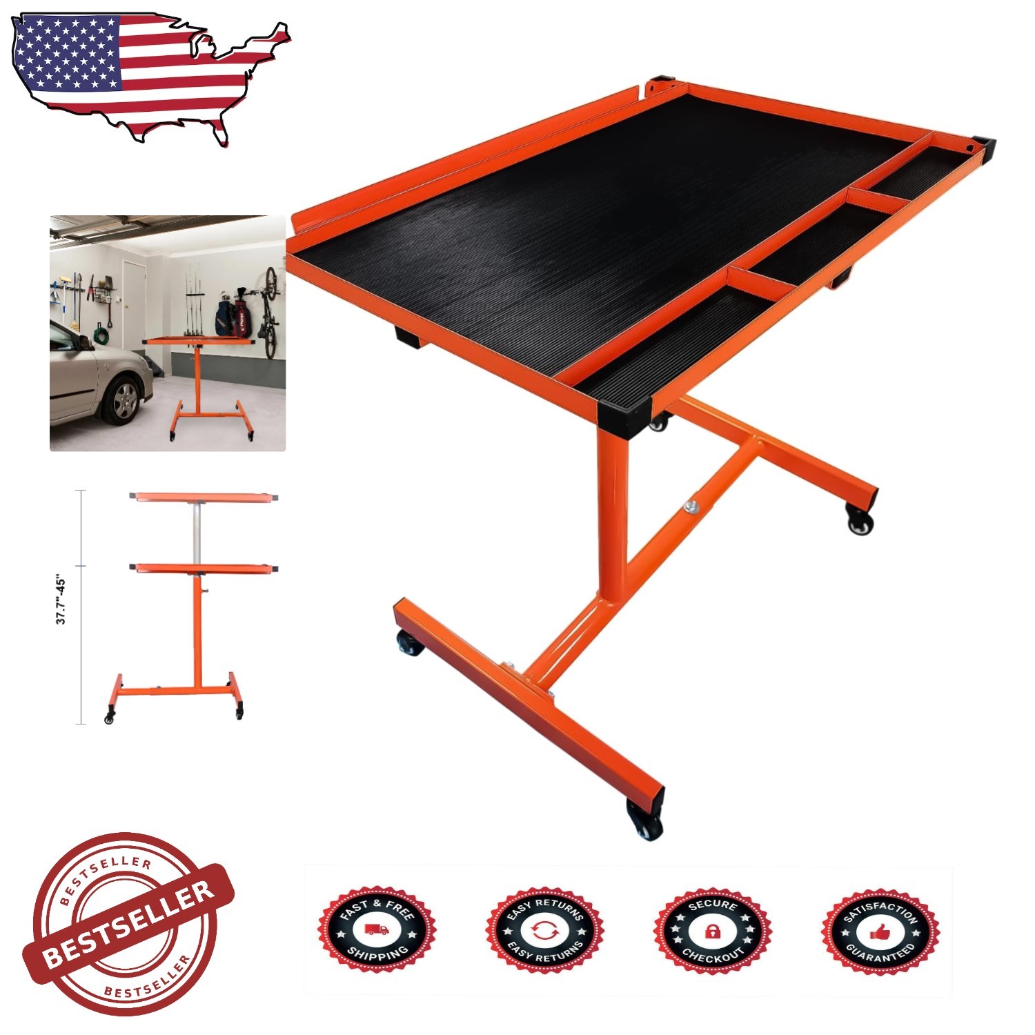 Adjustable Rolling Tool Tray Table – Heavy Duty 220lb Capacity, Orange, Mobile