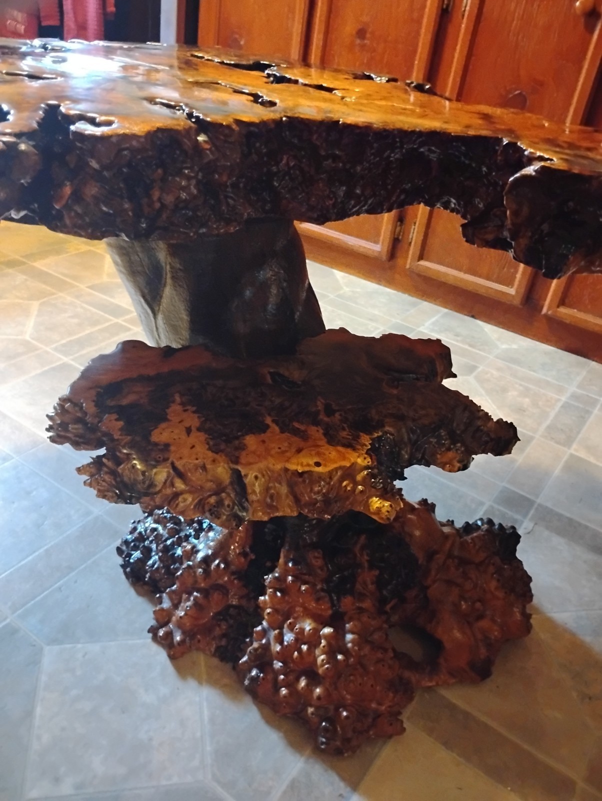 Vintage Handmade Redwood Burl Coffee Table with Redwood Stump Basee