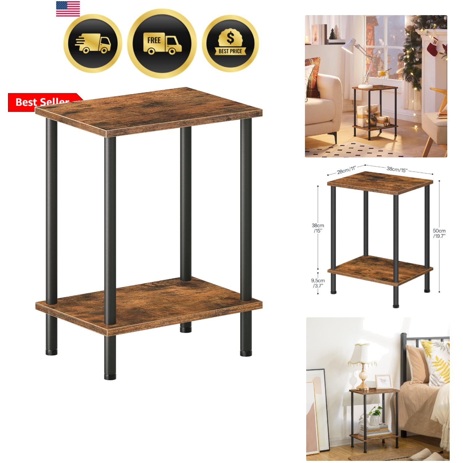End Table, Small Side Table, Nightstand with 2-Layer Storage Shelves, Sofa Ta…