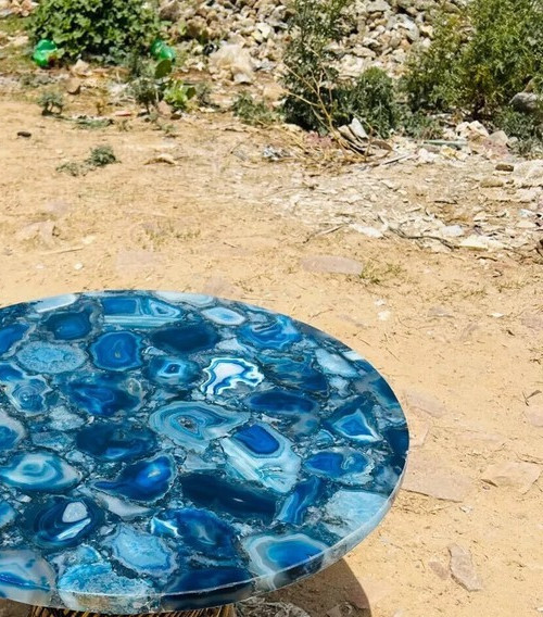 Handmade Round Blue Agate Coffee Table – Unique Natural Stone Accent for Living