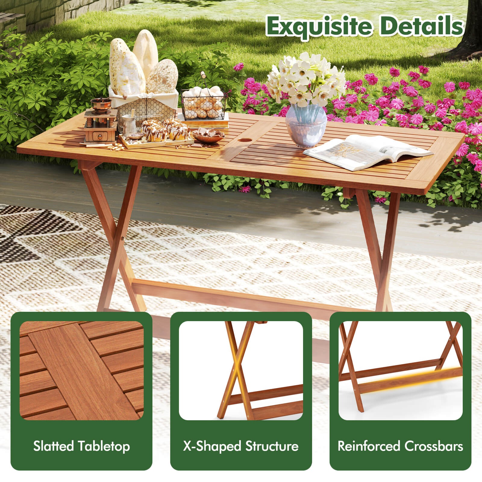 54.5″ x 27.5″ Patio Dining Table w/ Teak Painting 2″ Umbrella Hole for Balcony