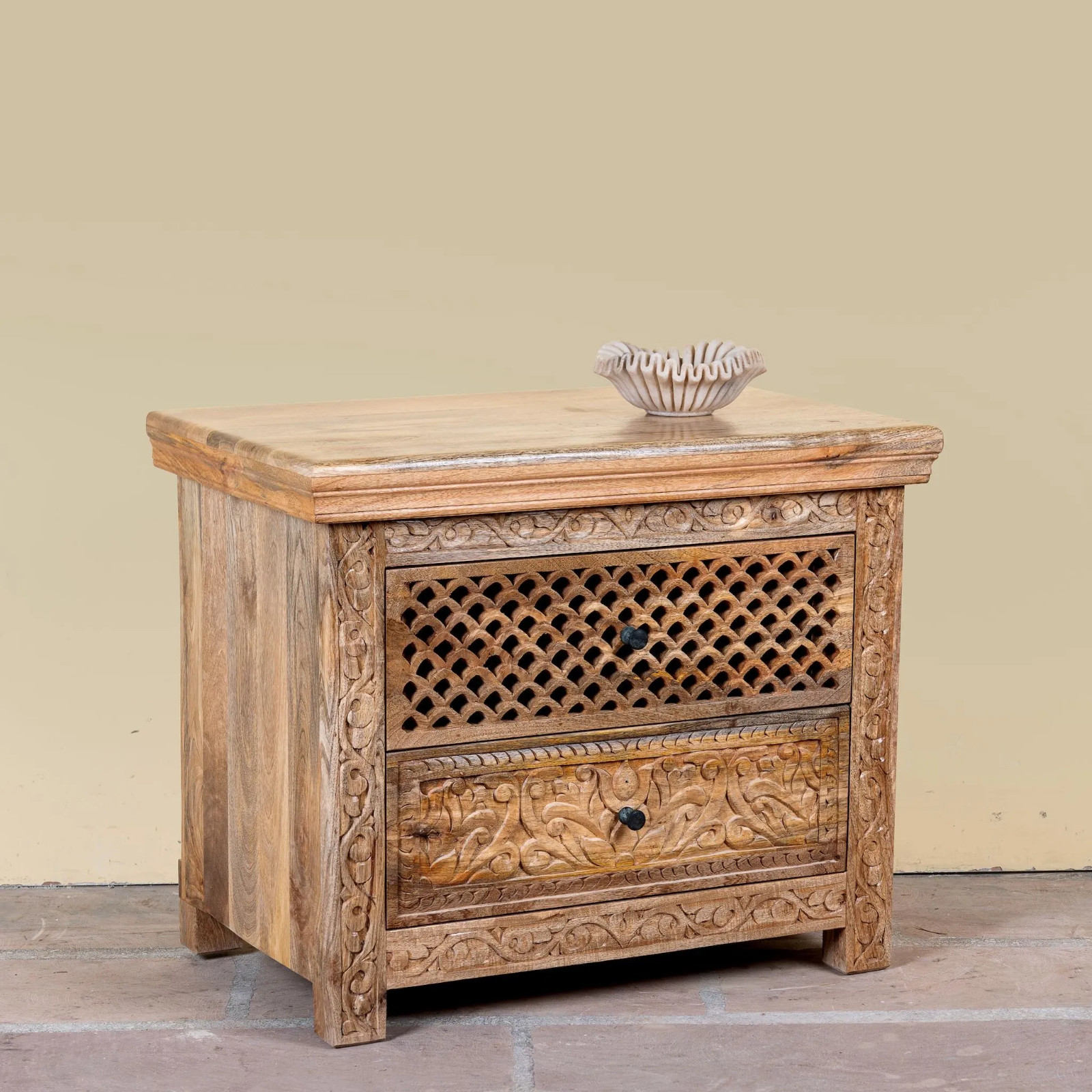 Artisan Handmade Bedside Table Solid Wood Hand Carved 44.5 × 39.5 × 59 cm