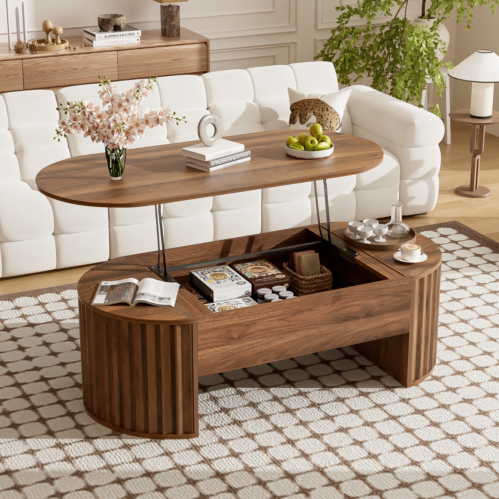Modern Oval Lift-Top Coffee Table Center Table w/ Hidden Storage For Living Room