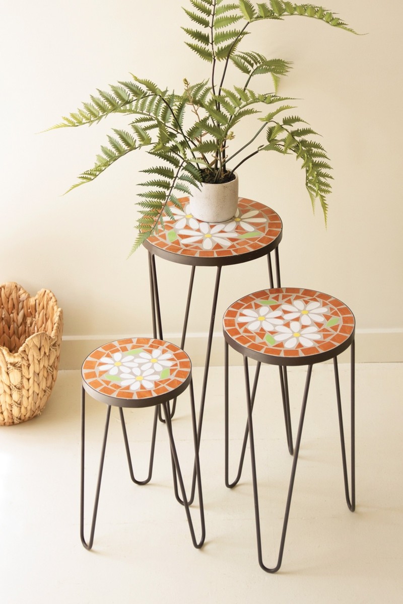 Mosaic Tiled Table Metal Base Set Of 3 Nesting Tables Floral Plant Stand