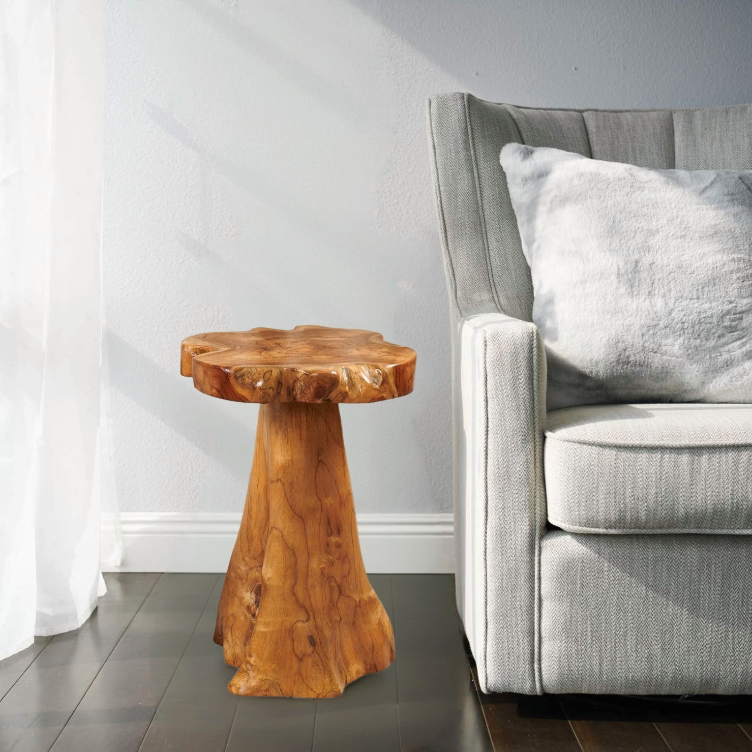 Rustic Teak Tree Stump Table – Live Edge Side Table or Stool, Natural Wood, Gift