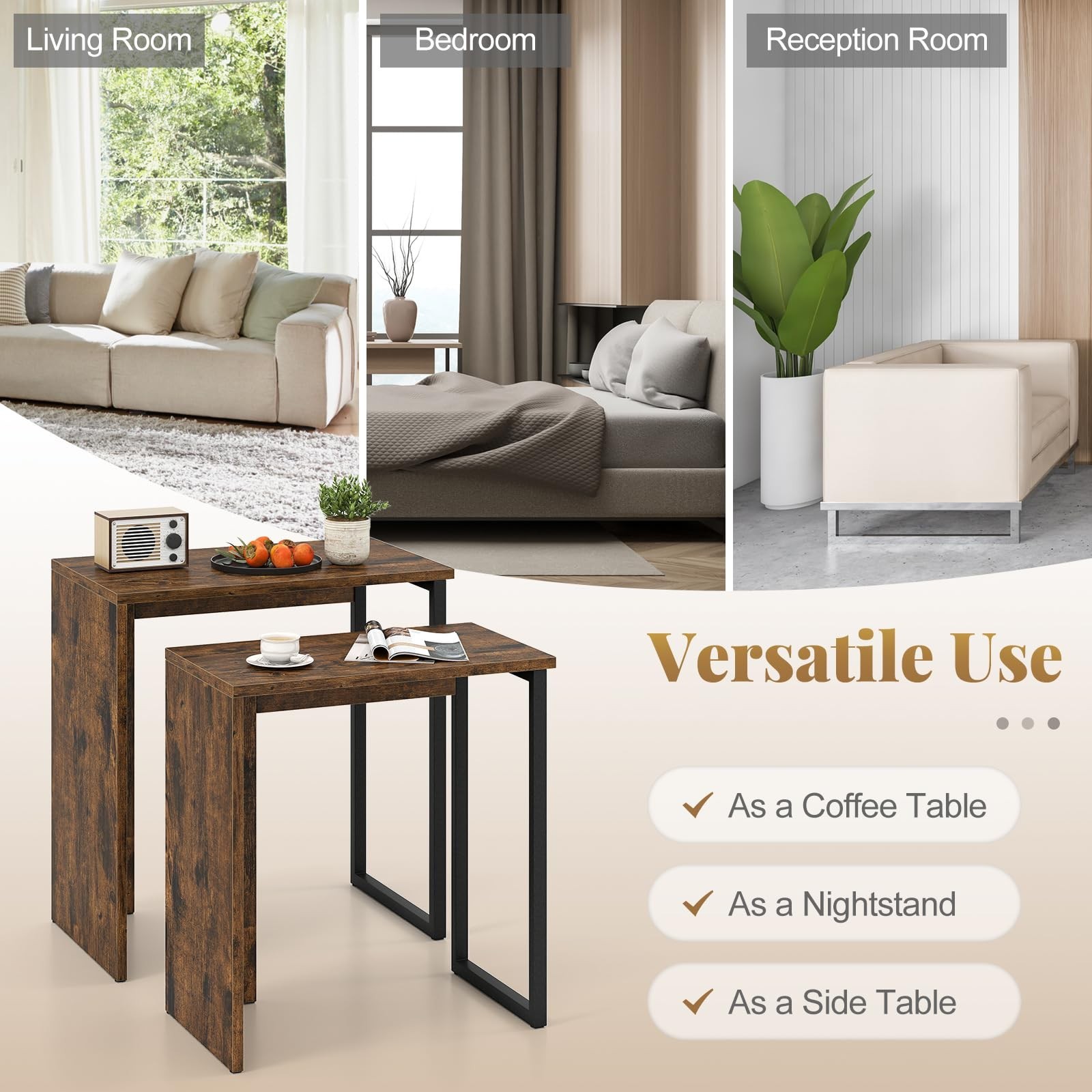 Nesting Coffee Table Set of 2 – Rectangular Stackable Side Tables, Modern Design