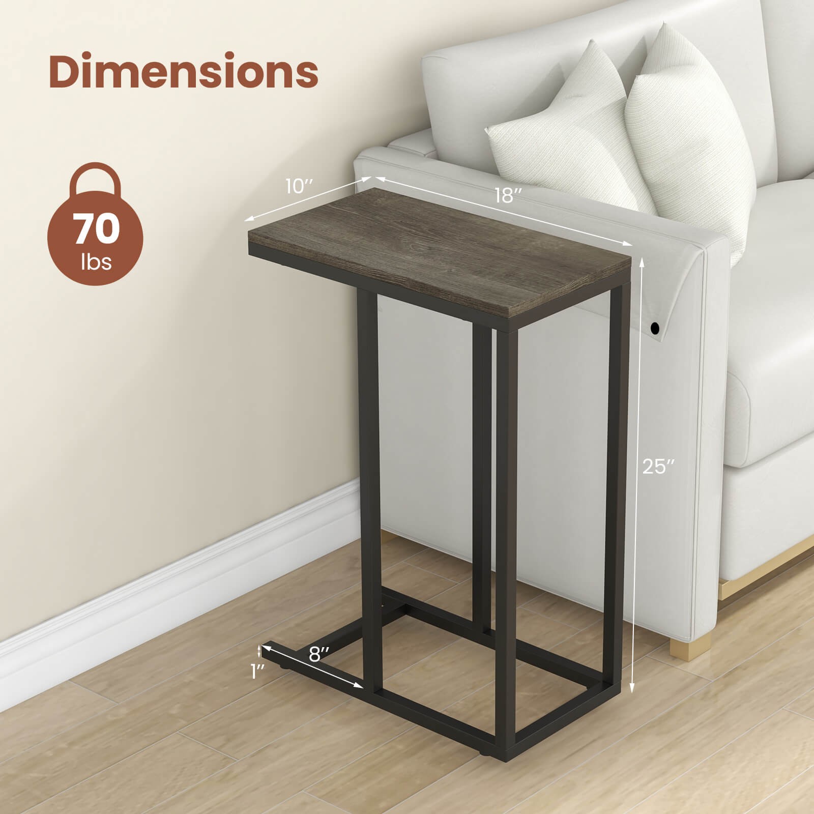 C-shaped Side Table Industrial Sofa Table with Heavy-duty Metal Frame